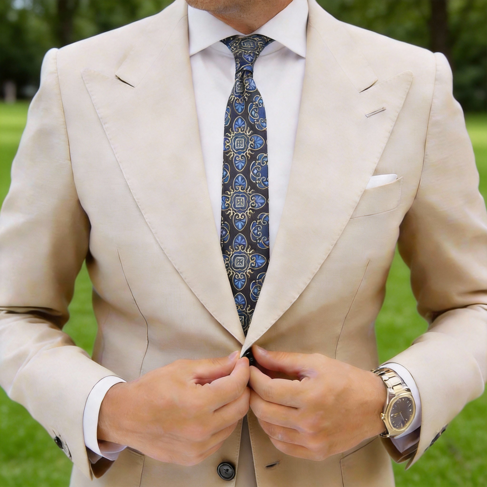 Black with Blue Gold Ornate Necktie