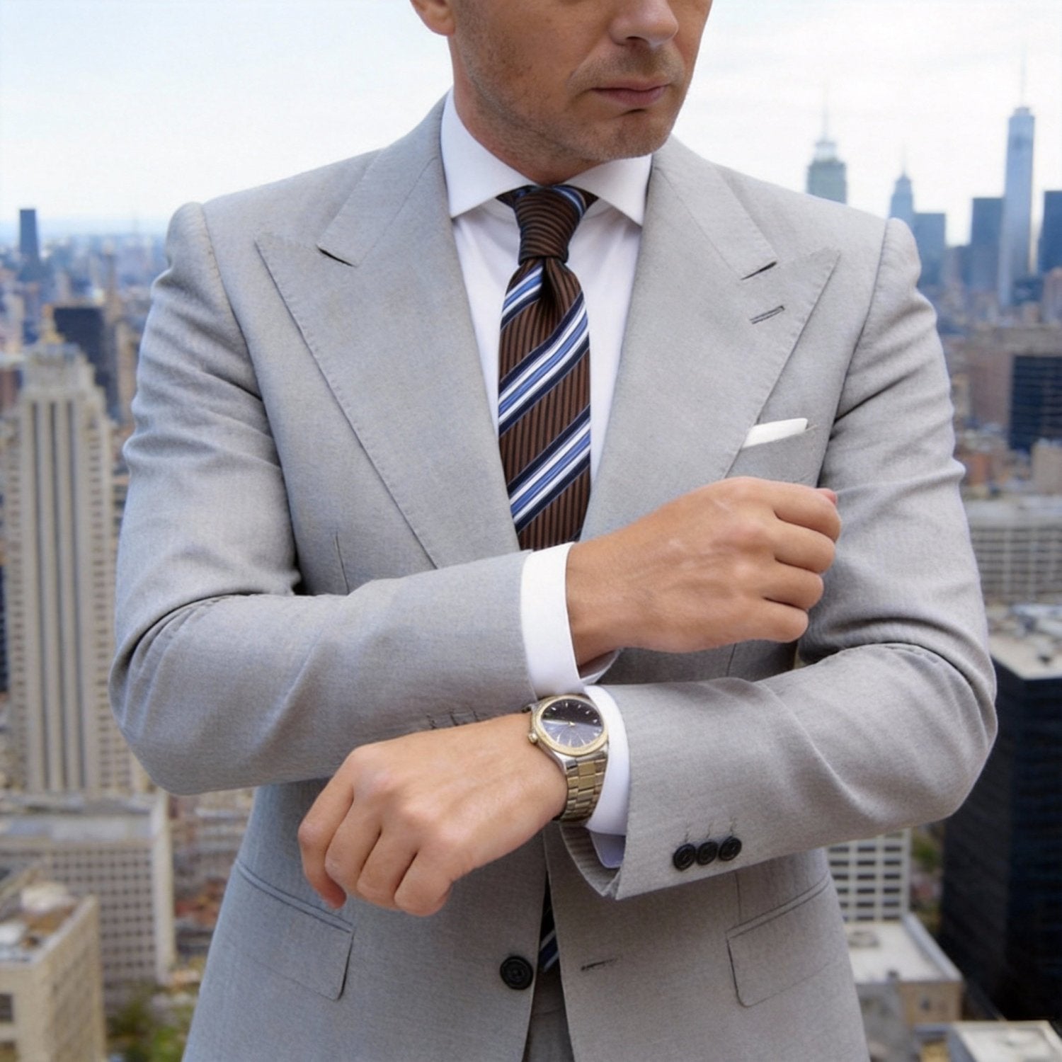 Brown With Blue Striped Necktie