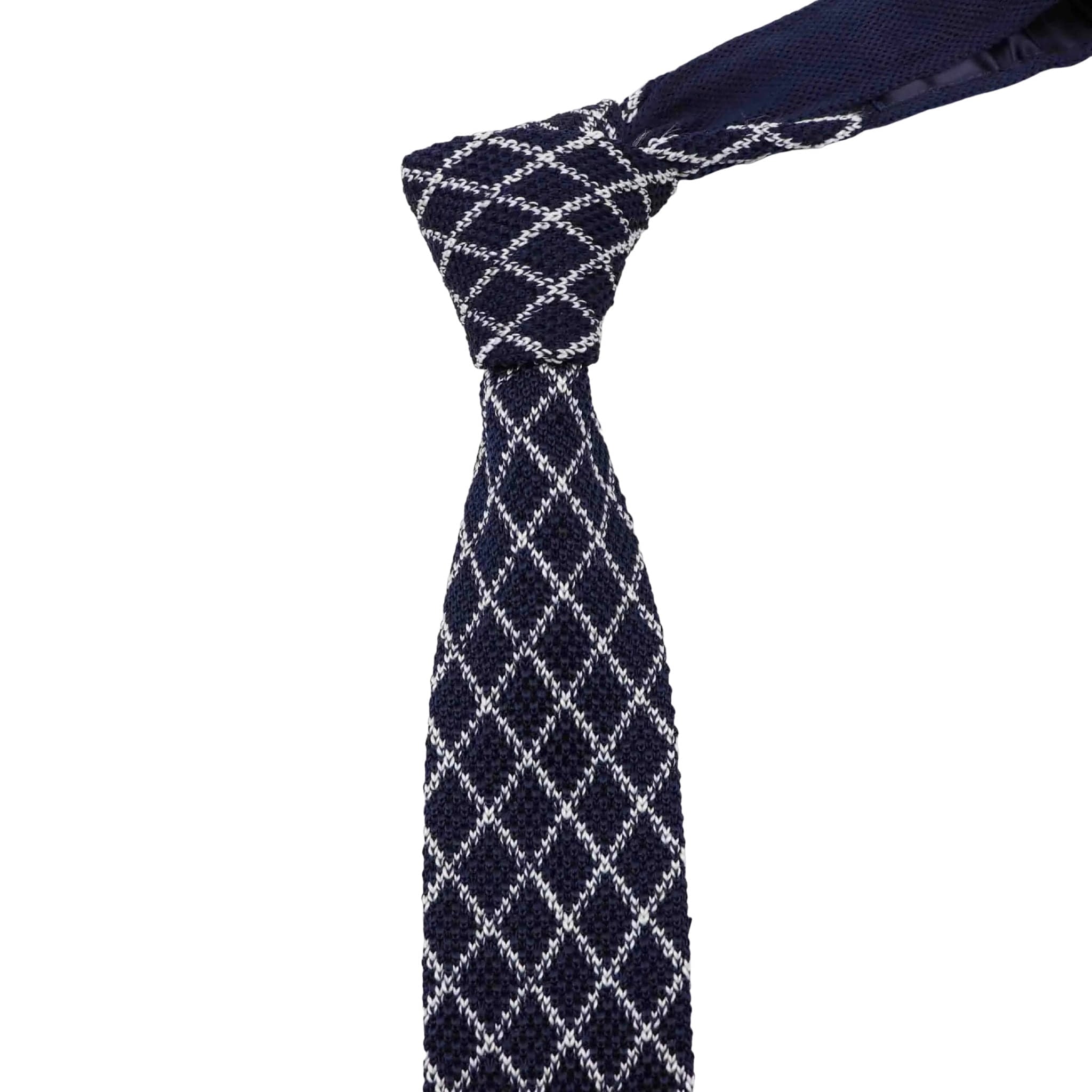 Navy White Diamond Knitted Tie