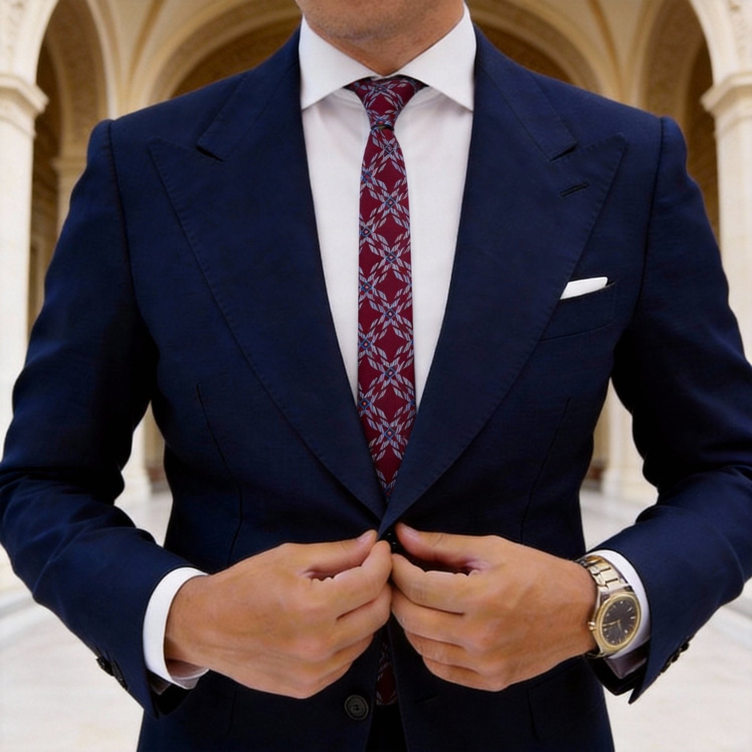 Red Necktie With Gray Blue Geometric Grid