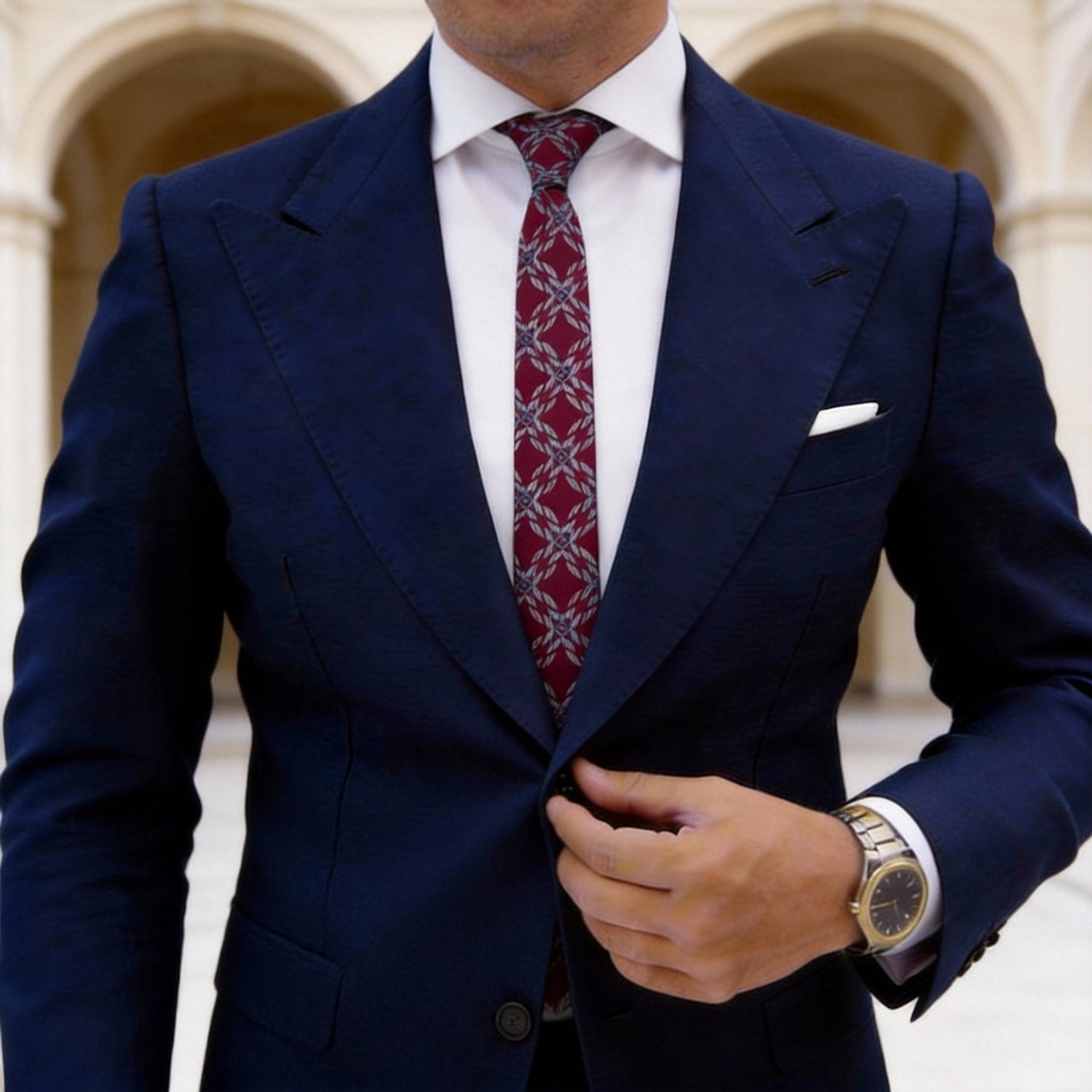 Red Necktie With Gray Blue Geometric Grid
