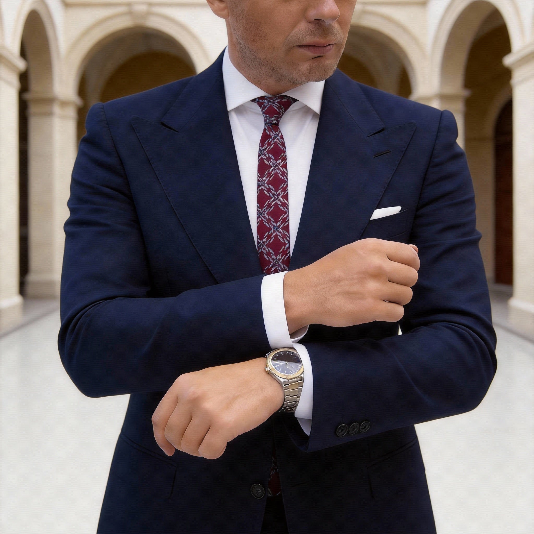 Red Necktie With Gray Blue Geometric Grid