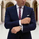 Red Necktie With Gray Blue Geometric Grid