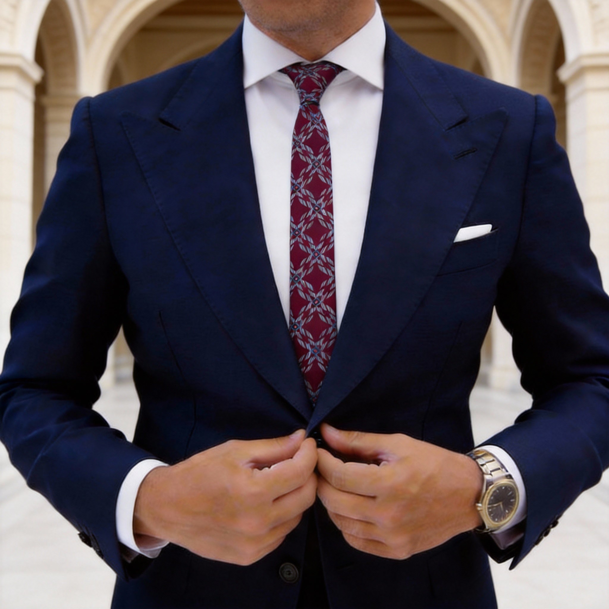 Red Necktie With Gray Blue Geometric Grid