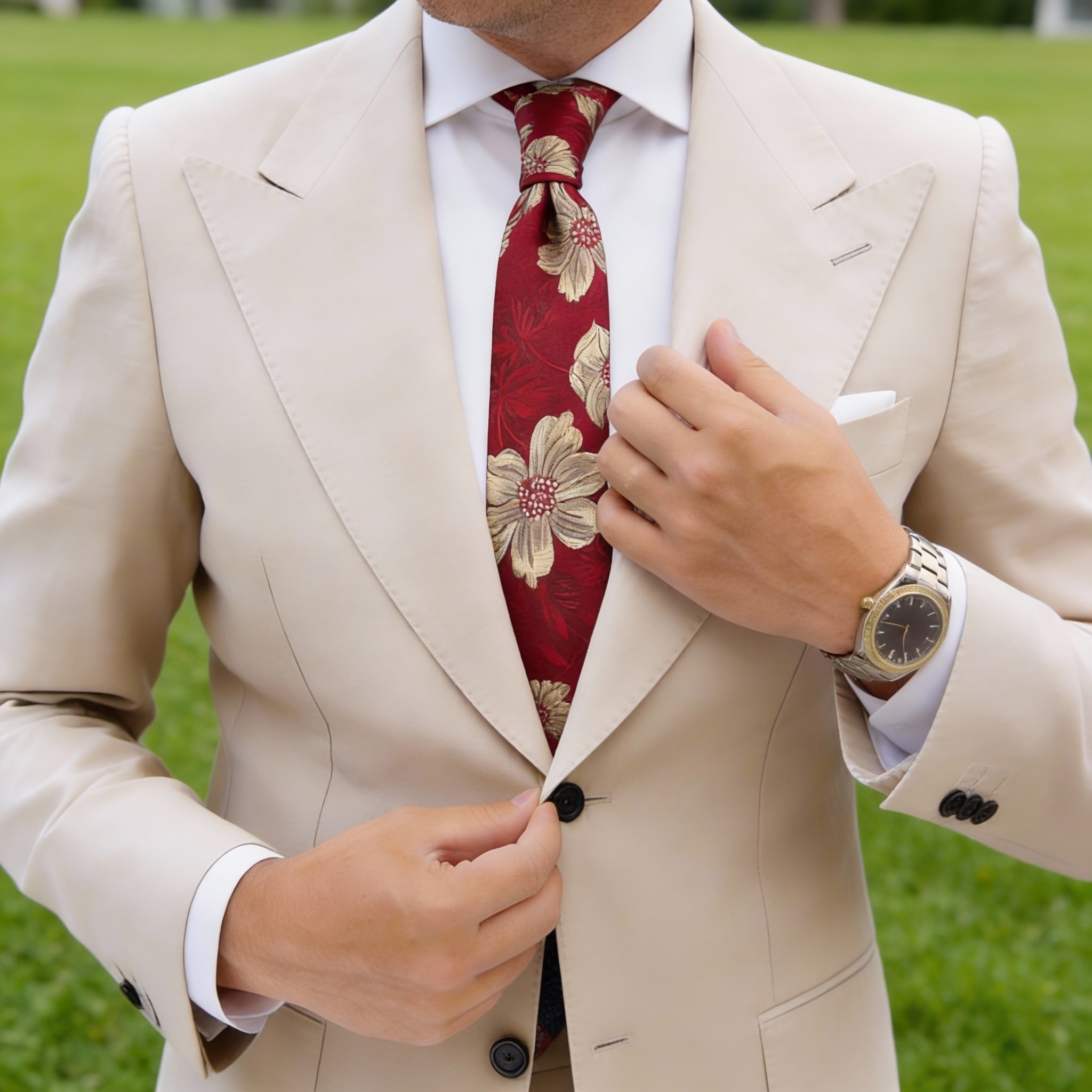 Burgundy With Beige Flower Necktie