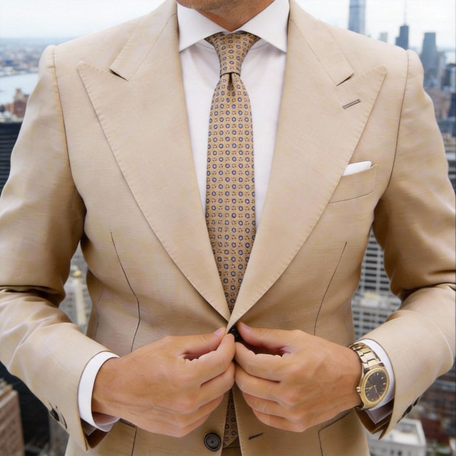 Beige With Blue Circular Pattern Necktie
