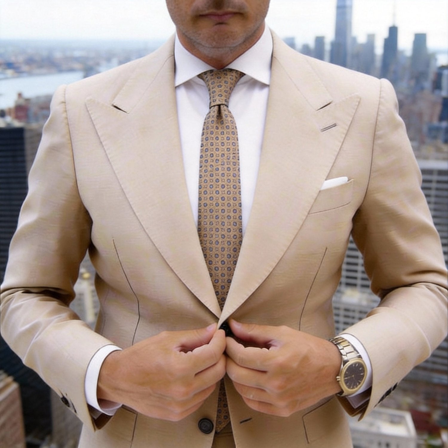 Beige With Blue Circular Pattern Necktie