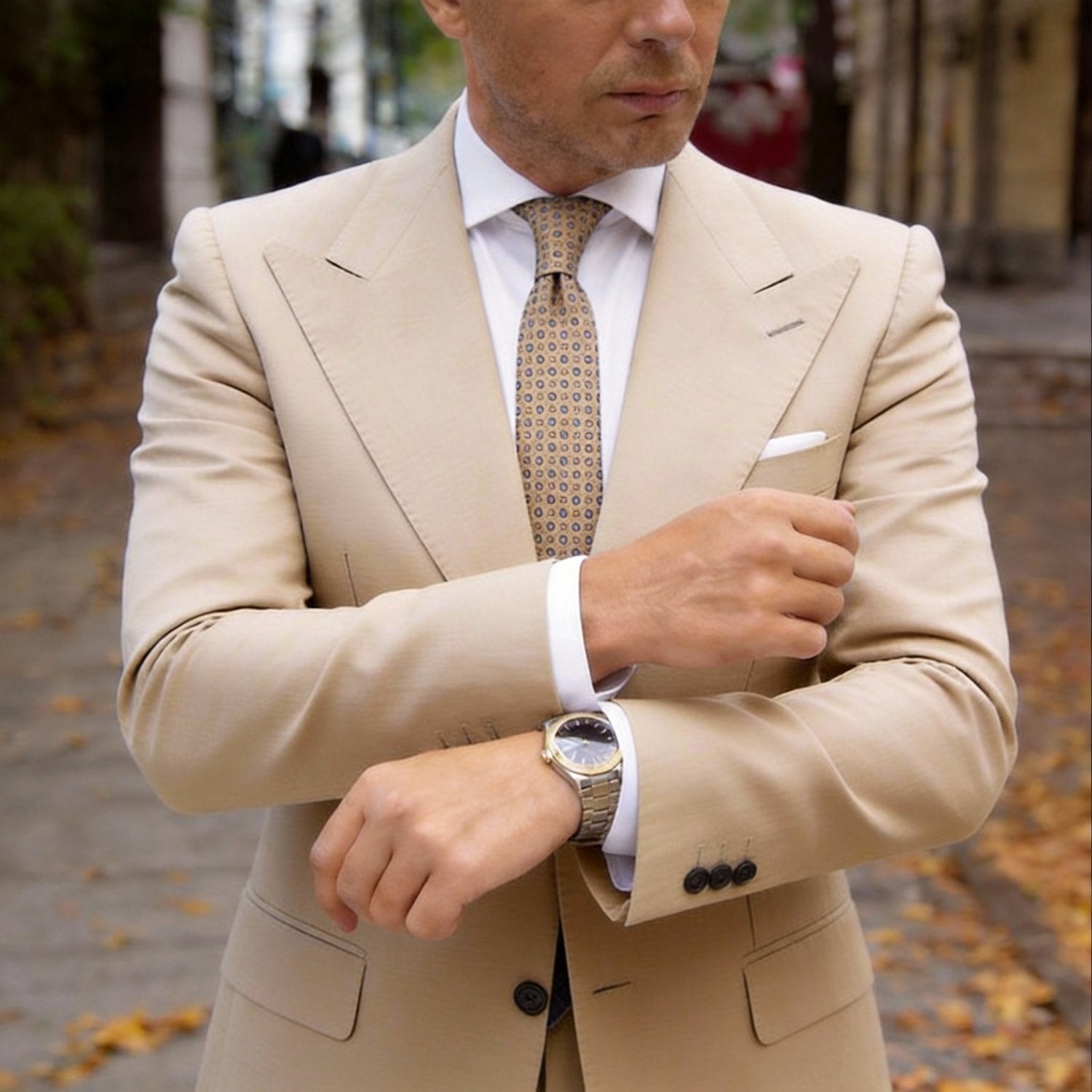 Beige With Blue Circular Pattern Necktie