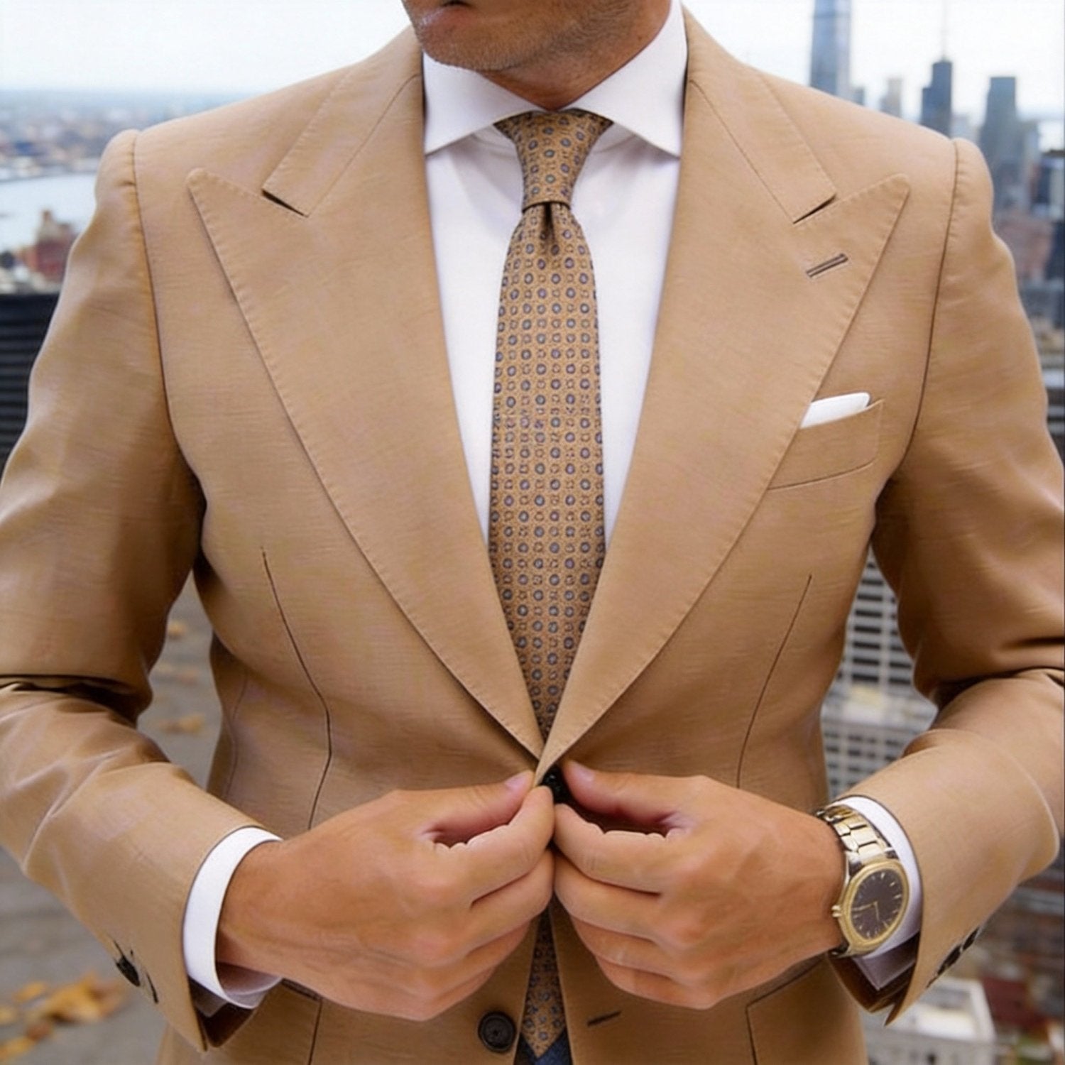 Beige With Blue Circular Pattern Necktie