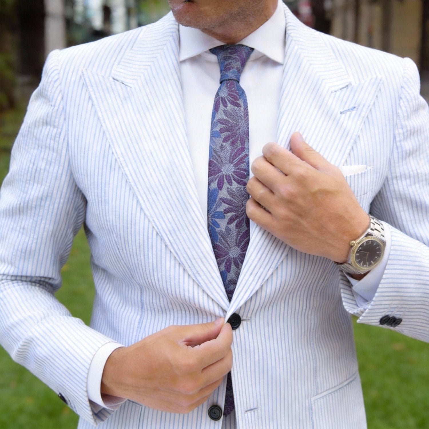 Silver Gray with Blue Purple Floral Necktie