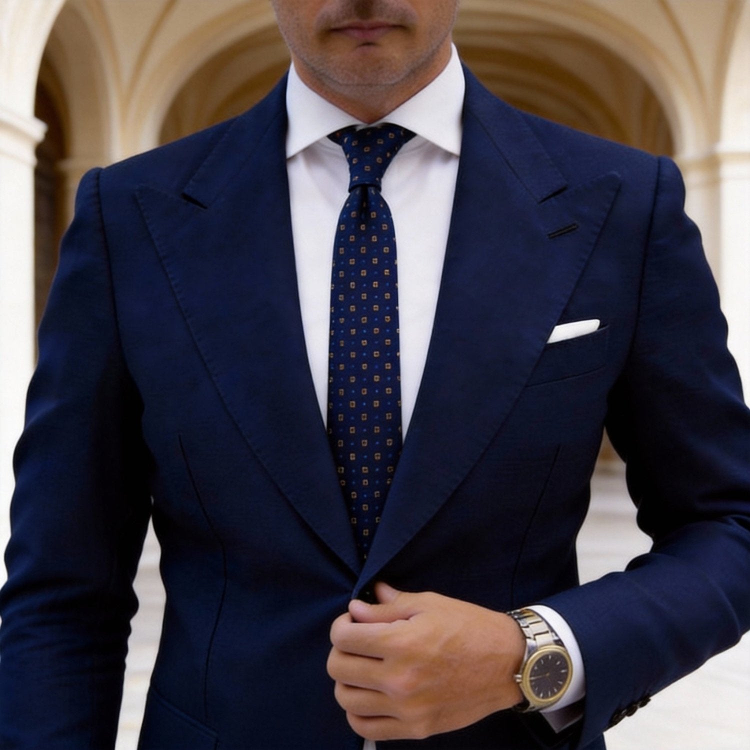 Navy Blue With Gold Square Dot Necktie