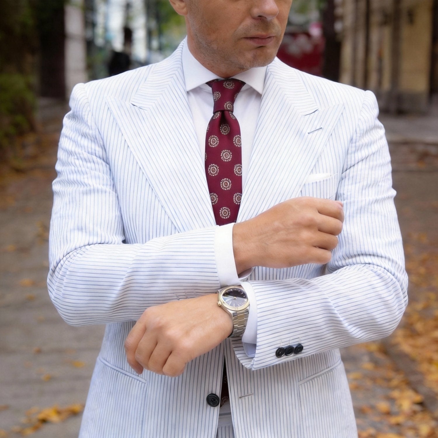 Maroon Necktie With Green Circular Floral Motifs