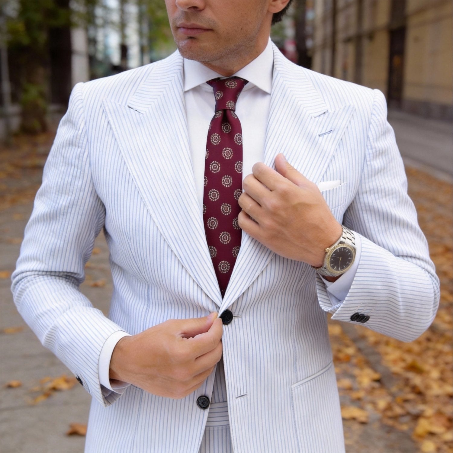 Maroon Necktie With Green Circular Floral Motifs