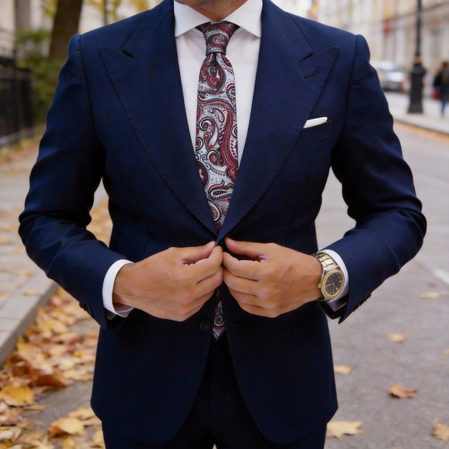White Necktie with Red Paisley Pattern