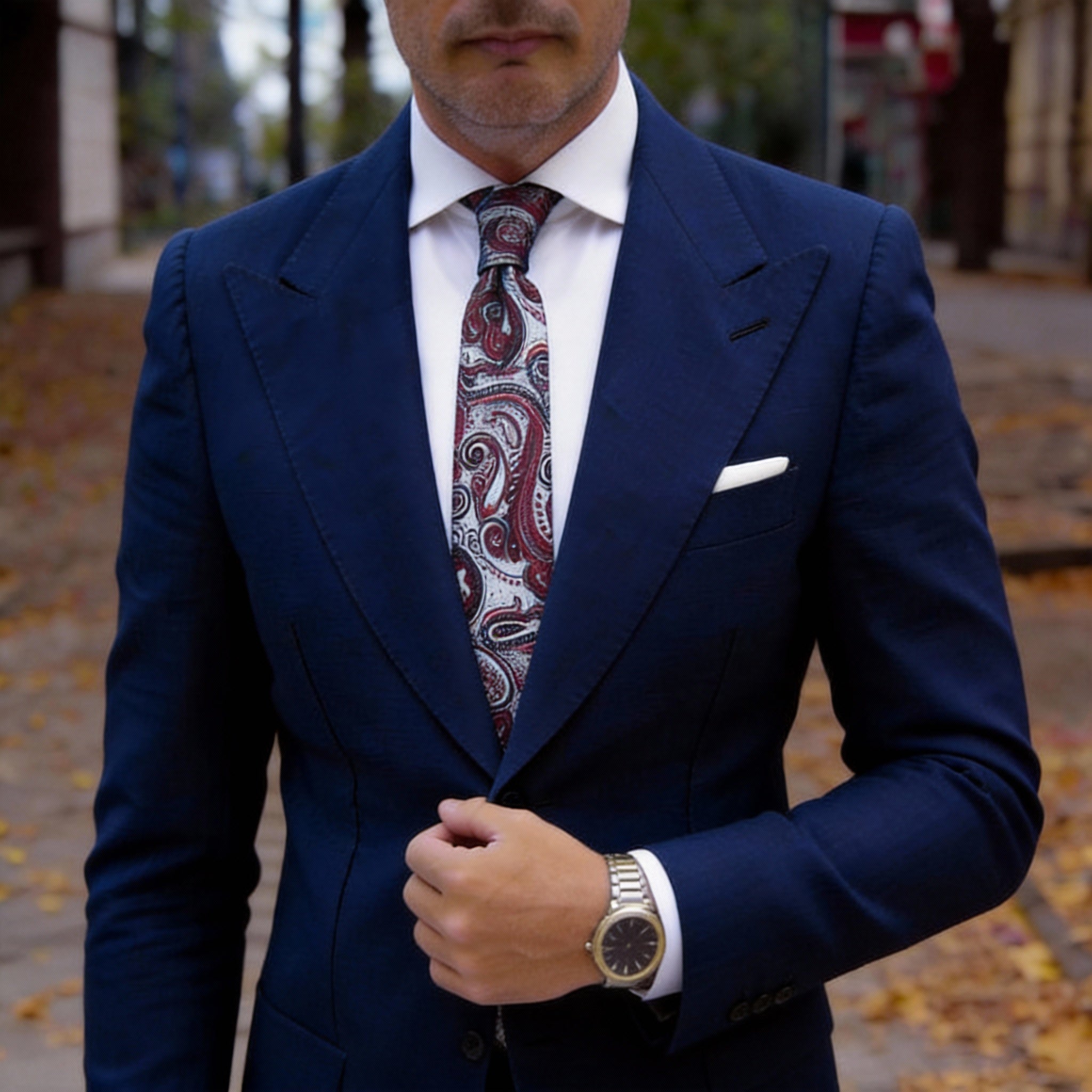 White Necktie with Red Paisley Pattern