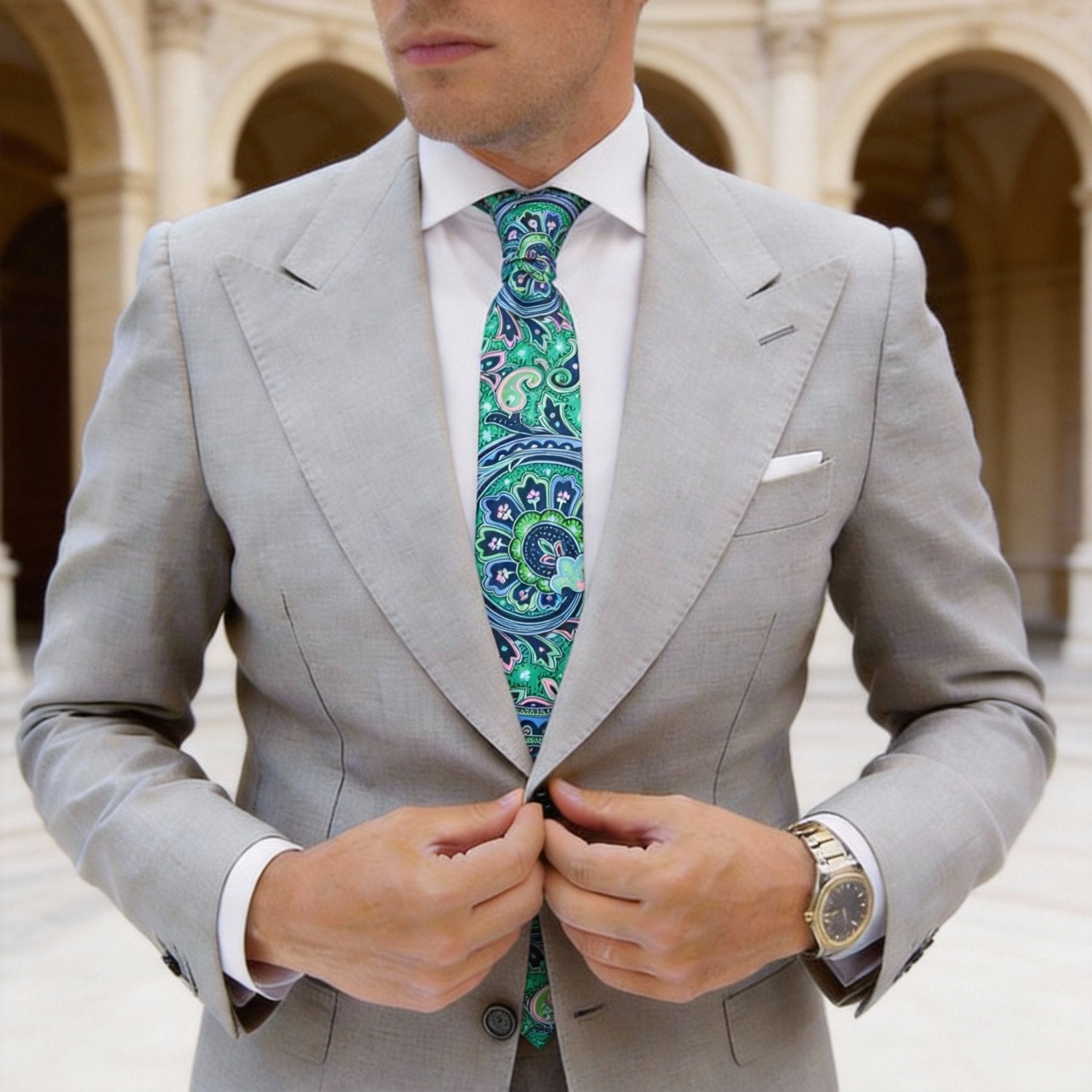 Green Paisley Necktie With Blue Pink