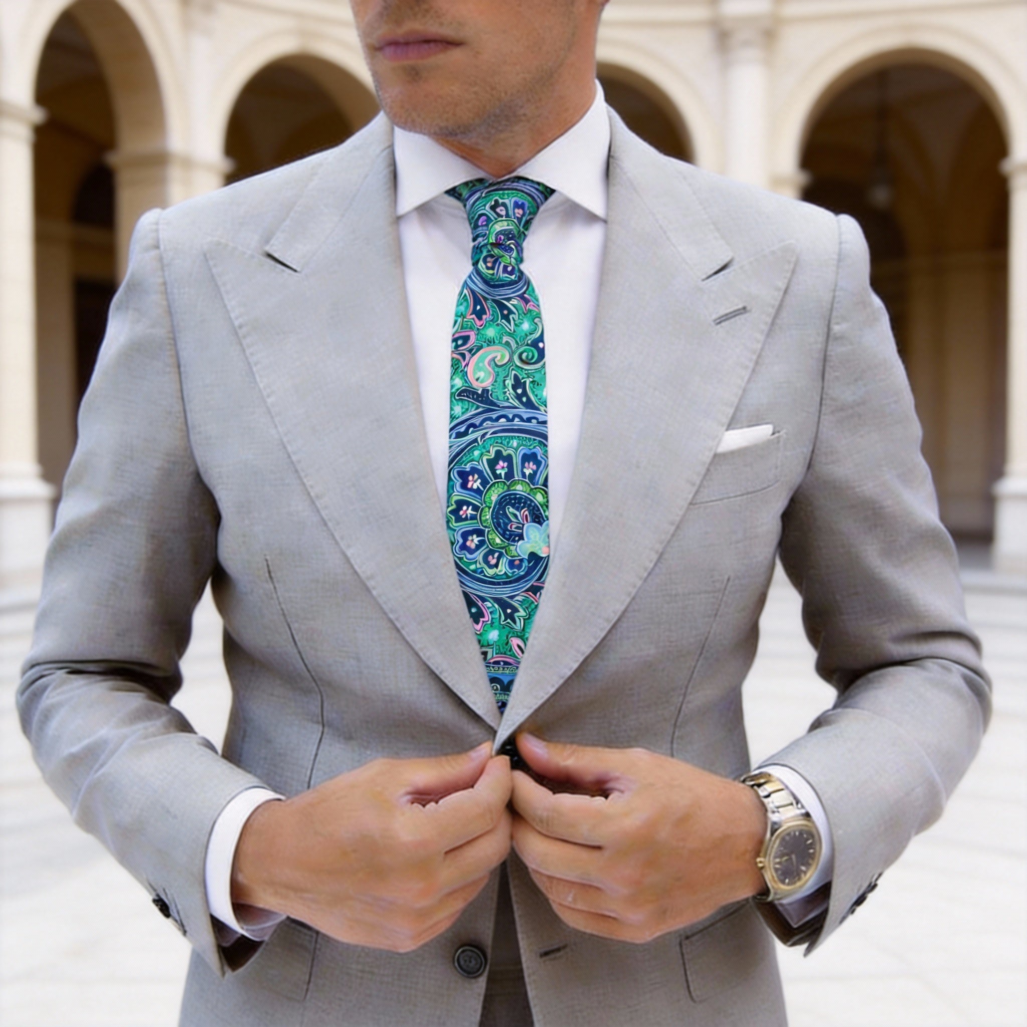 Green Paisley Necktie With Blue Pink