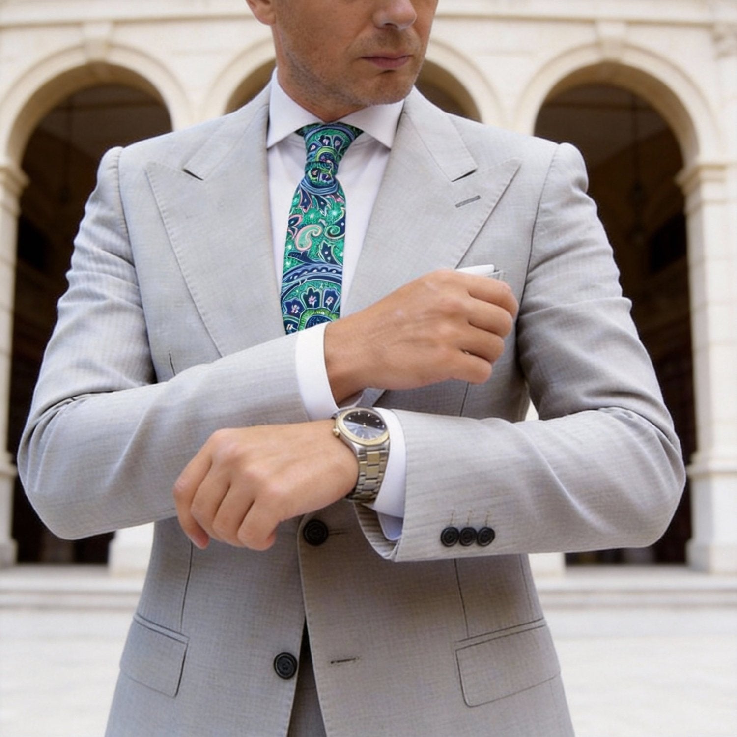 Green Paisley Necktie With Blue Pink