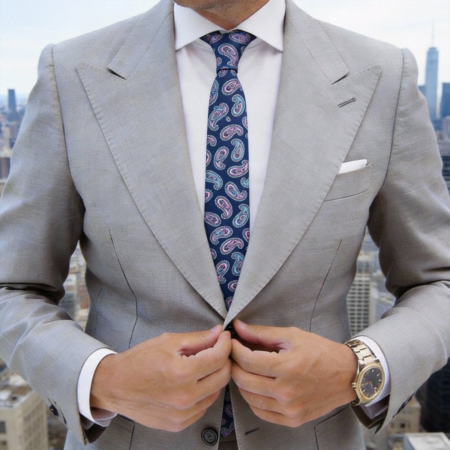 Blue With Pink Light Blue Paisley Necktie