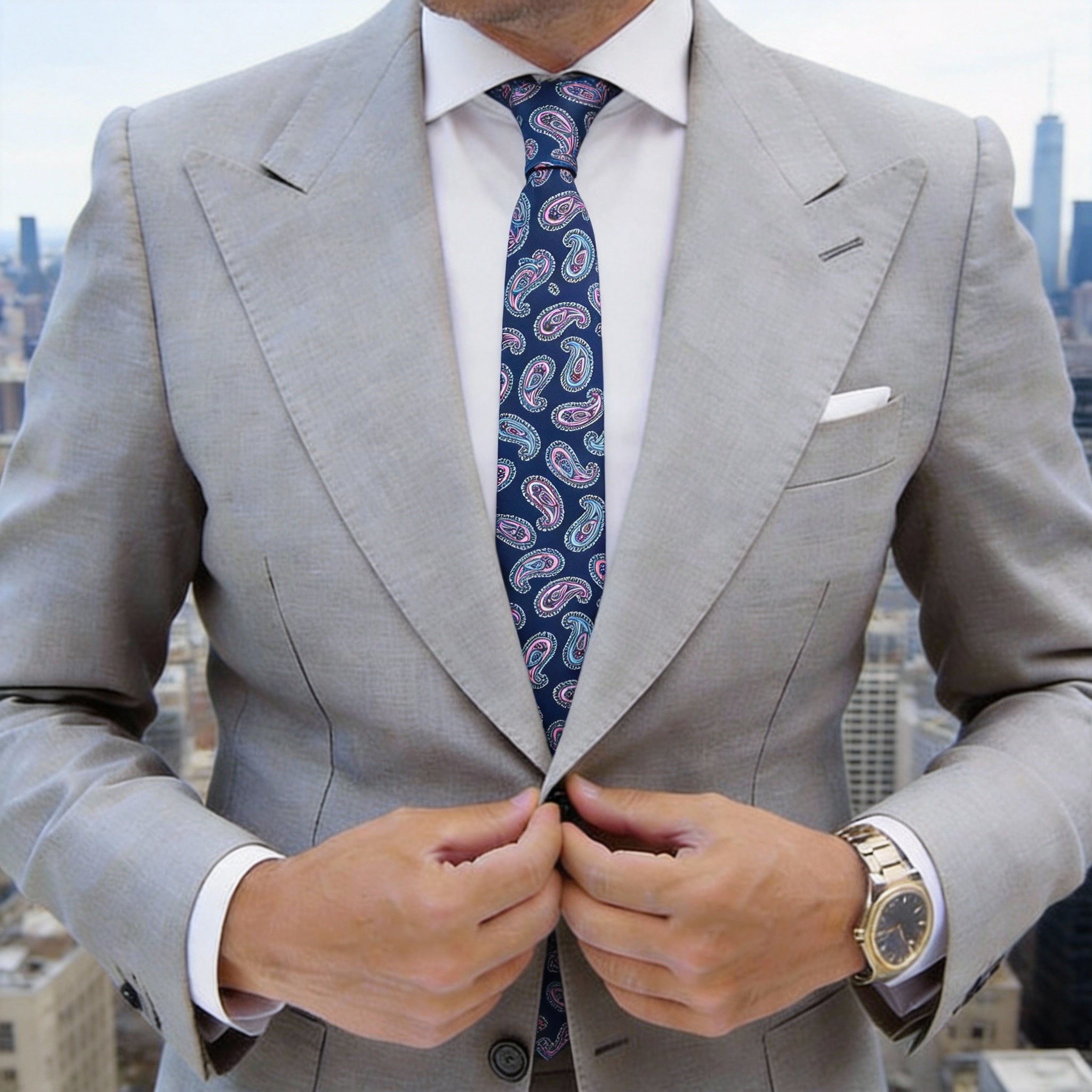 Blue With Pink Light Blue Paisley Necktie