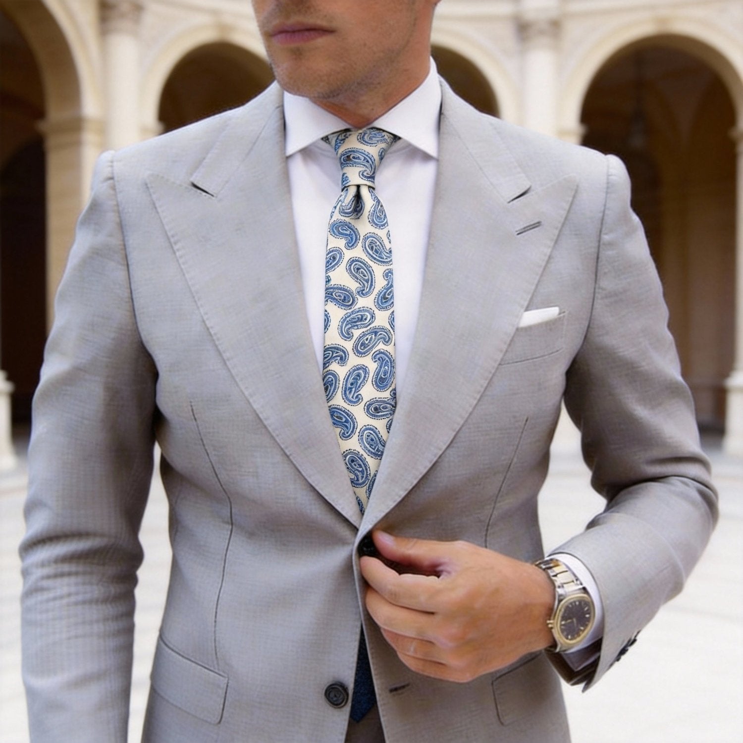 Beige With Blue Paisley Necktie