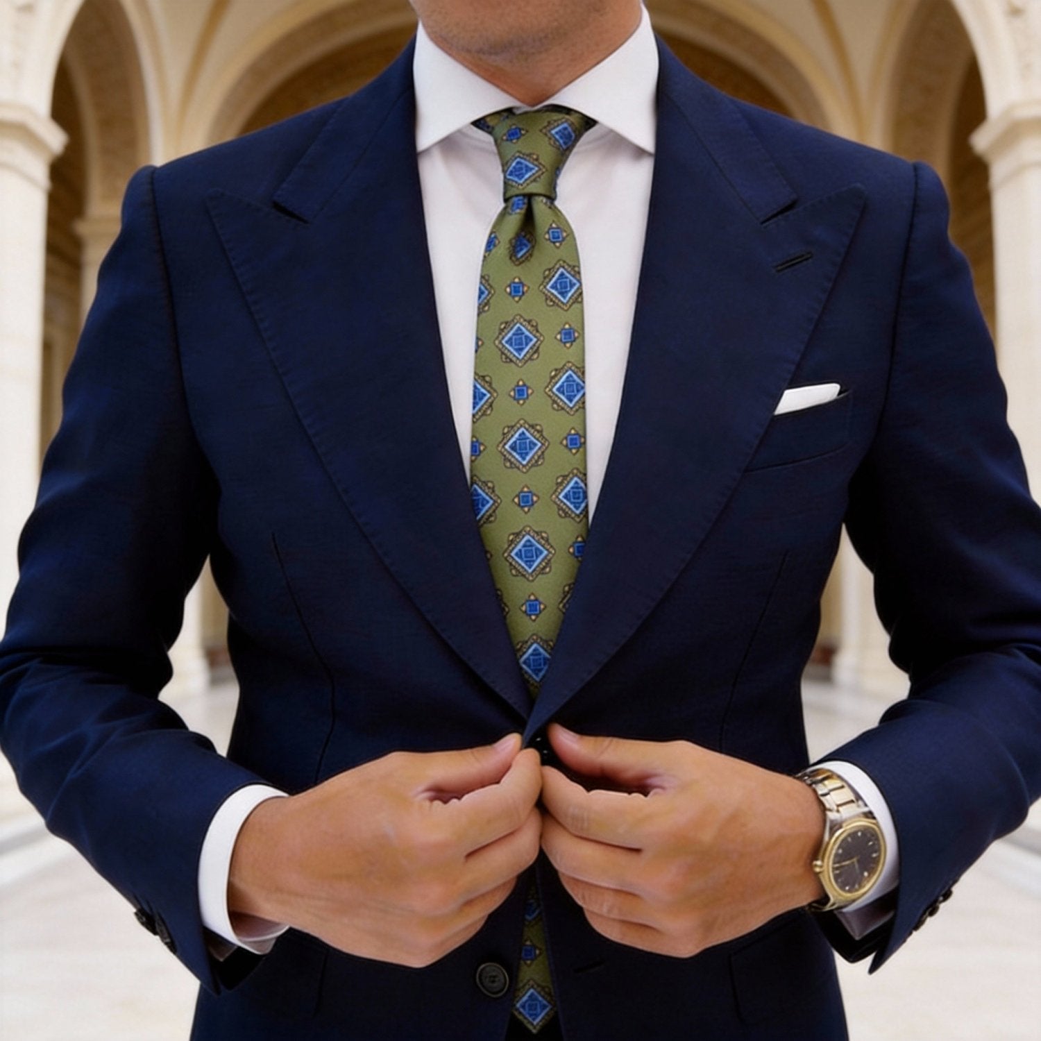 Green With Blue Geometric Medallion Necktie