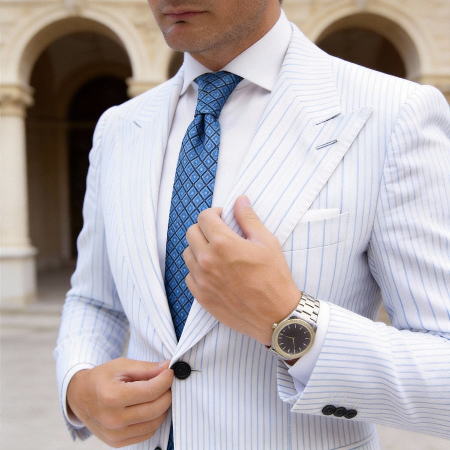 Dark Blue Necktie With Light Blue Diamond Grid