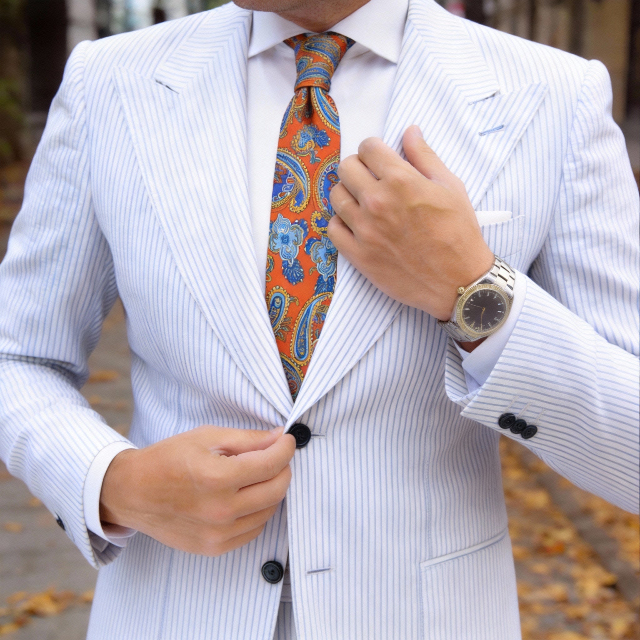 Orange With Blue And Yellow Paisley Necktie