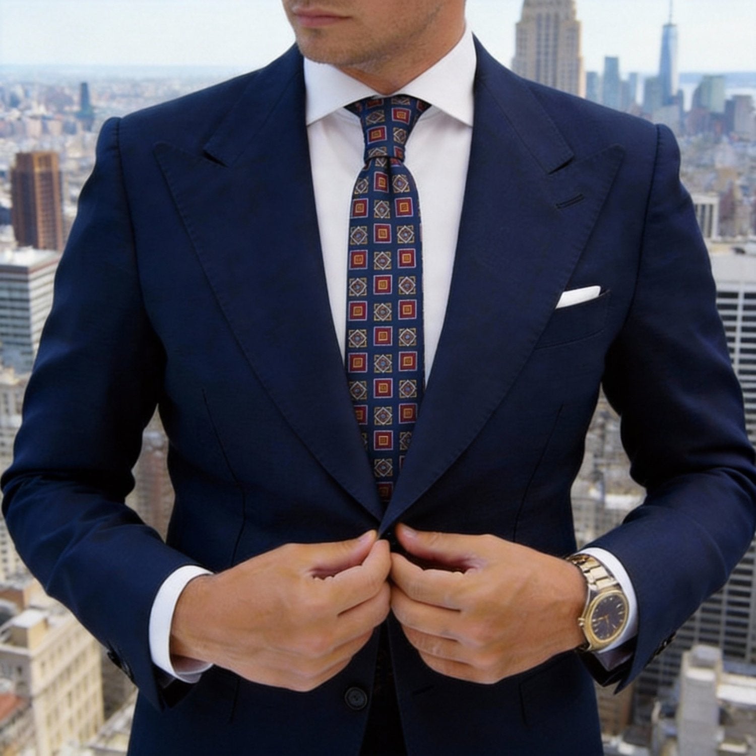 Blue With Red Geometric Necktie