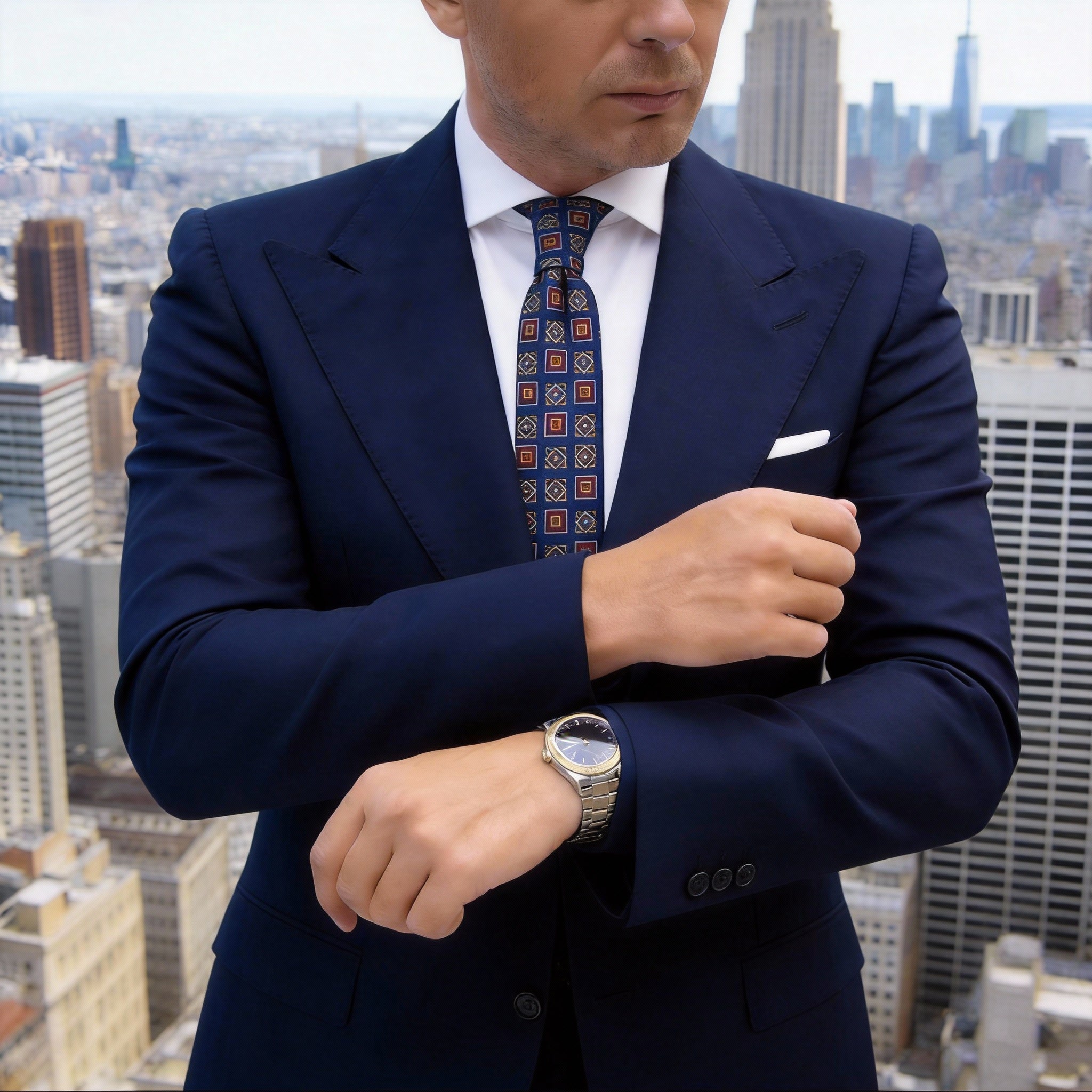 Blue With Red Geometric Necktie