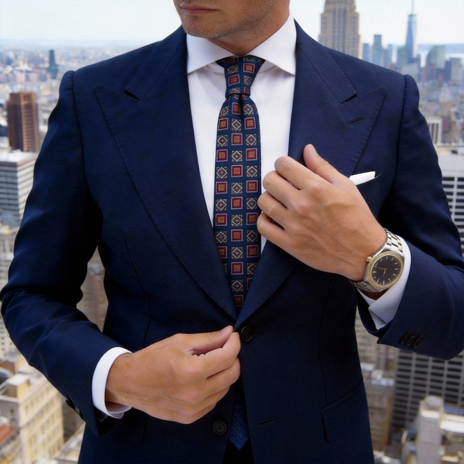 Blue With Red Geometric Necktie