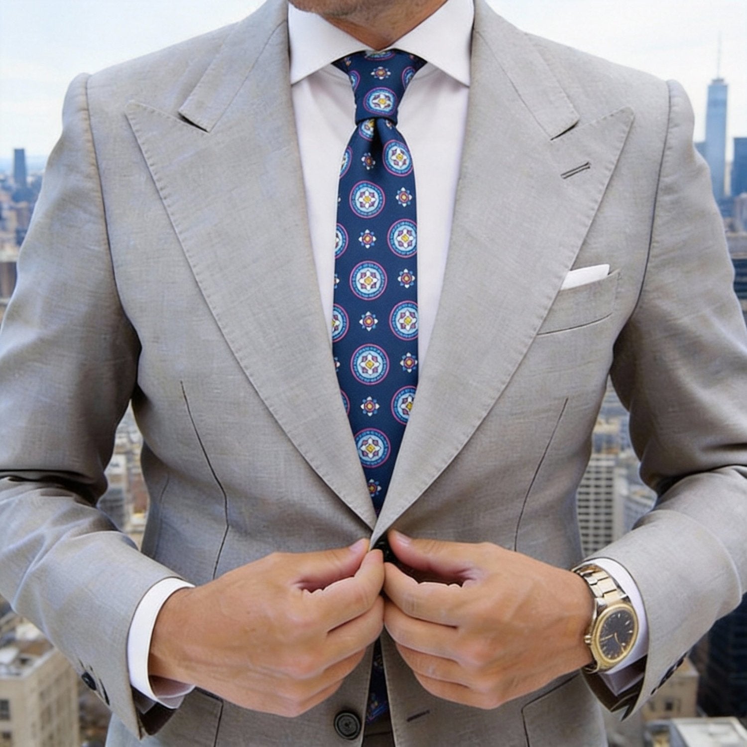 Blue with Pink Medallion Floral Necktie