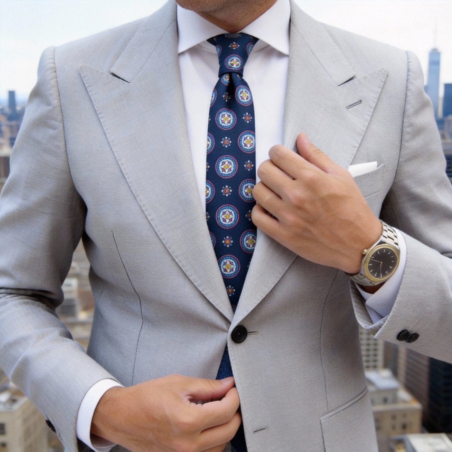 Blue with Pink Medallion Floral Necktie