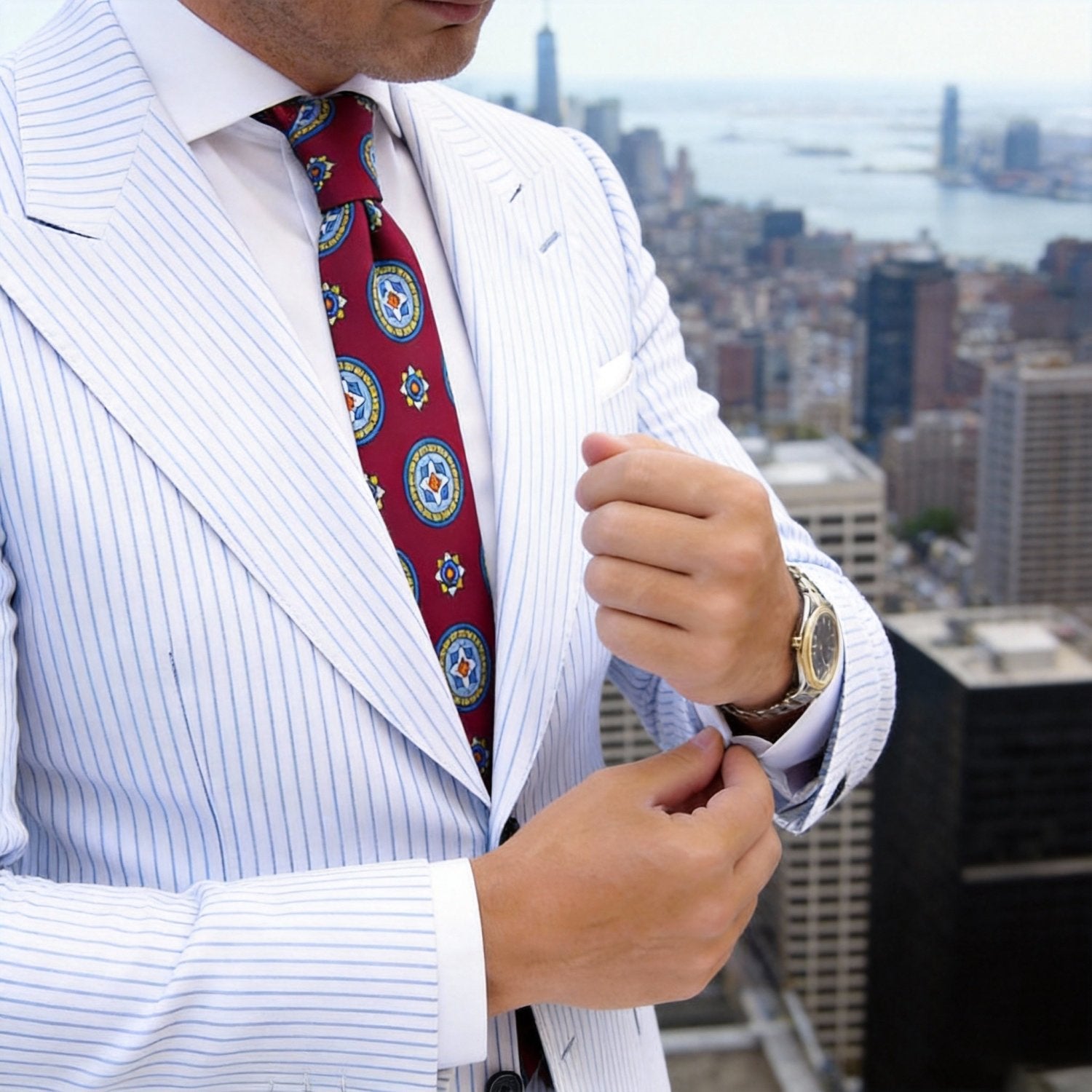 Red with Blue Circular Floral Necktie