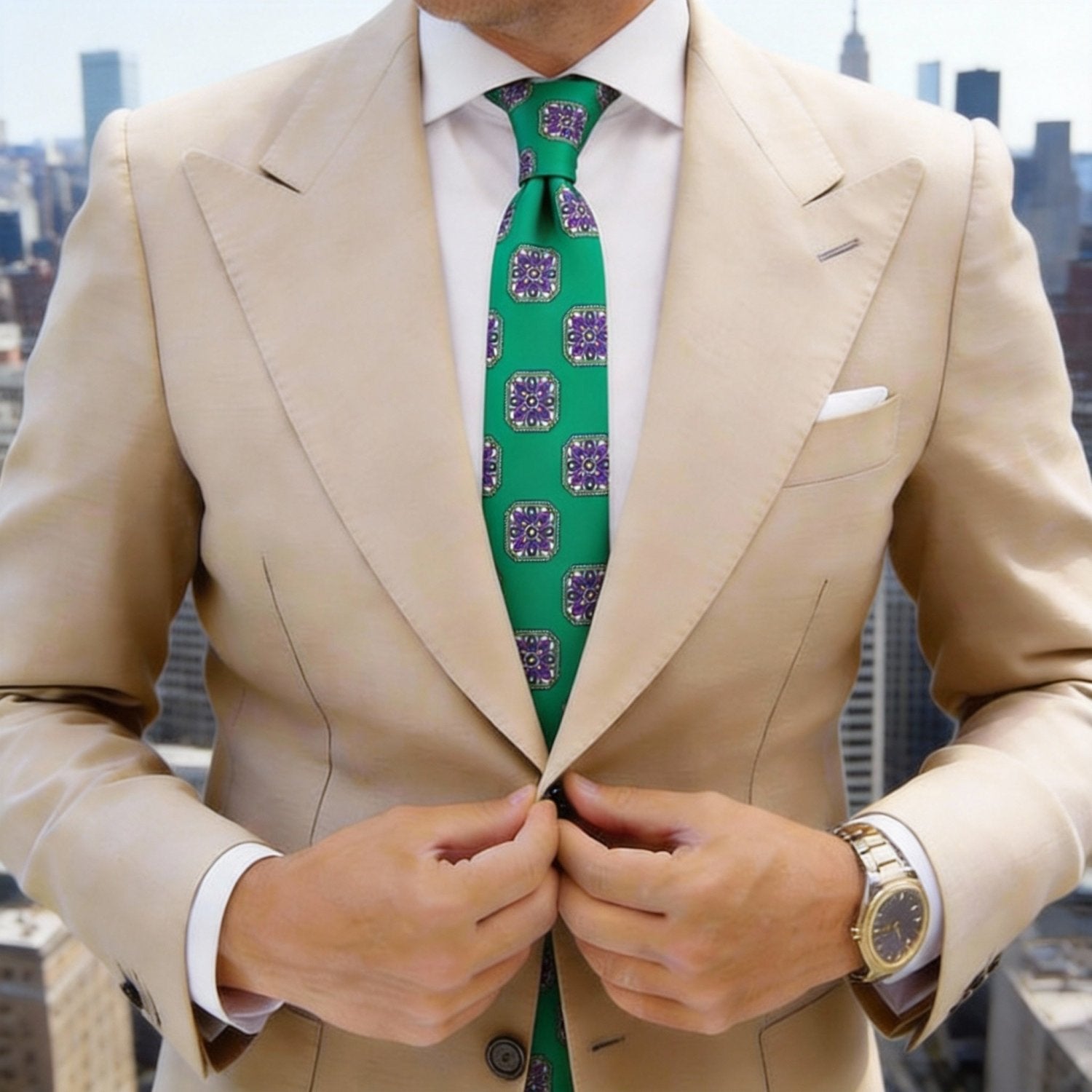 Green With Blue Square Floral Necktie
