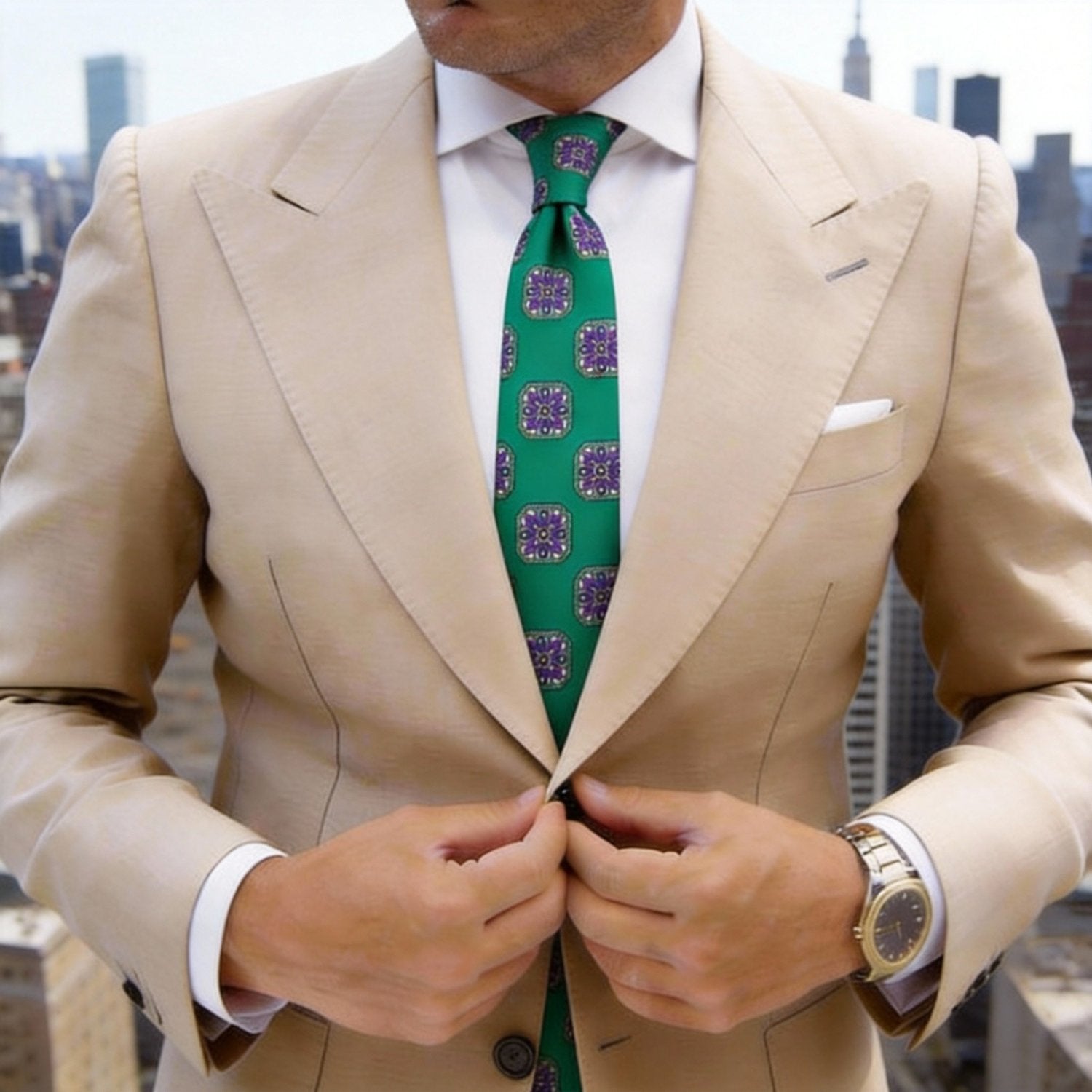 Green With Blue Square Floral Necktie