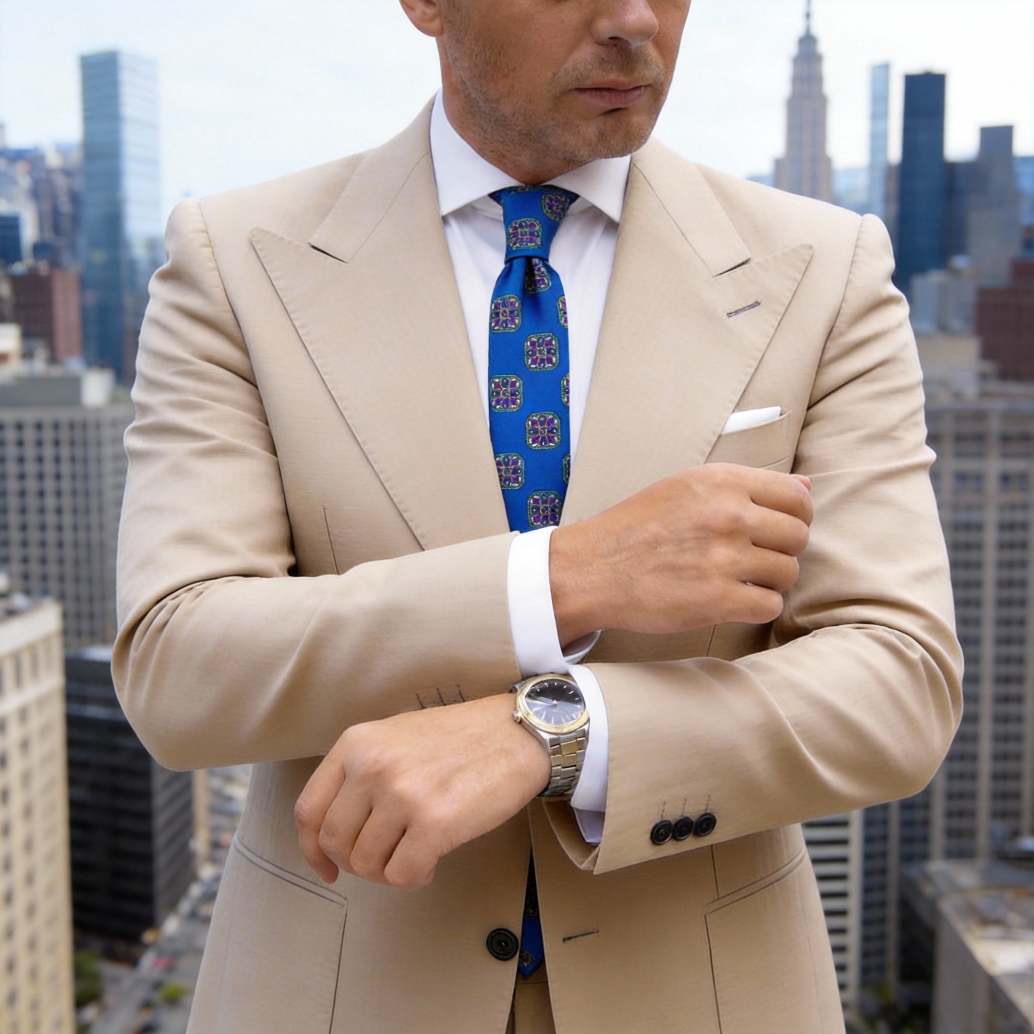 Blue With Purple Square Floral Necktie