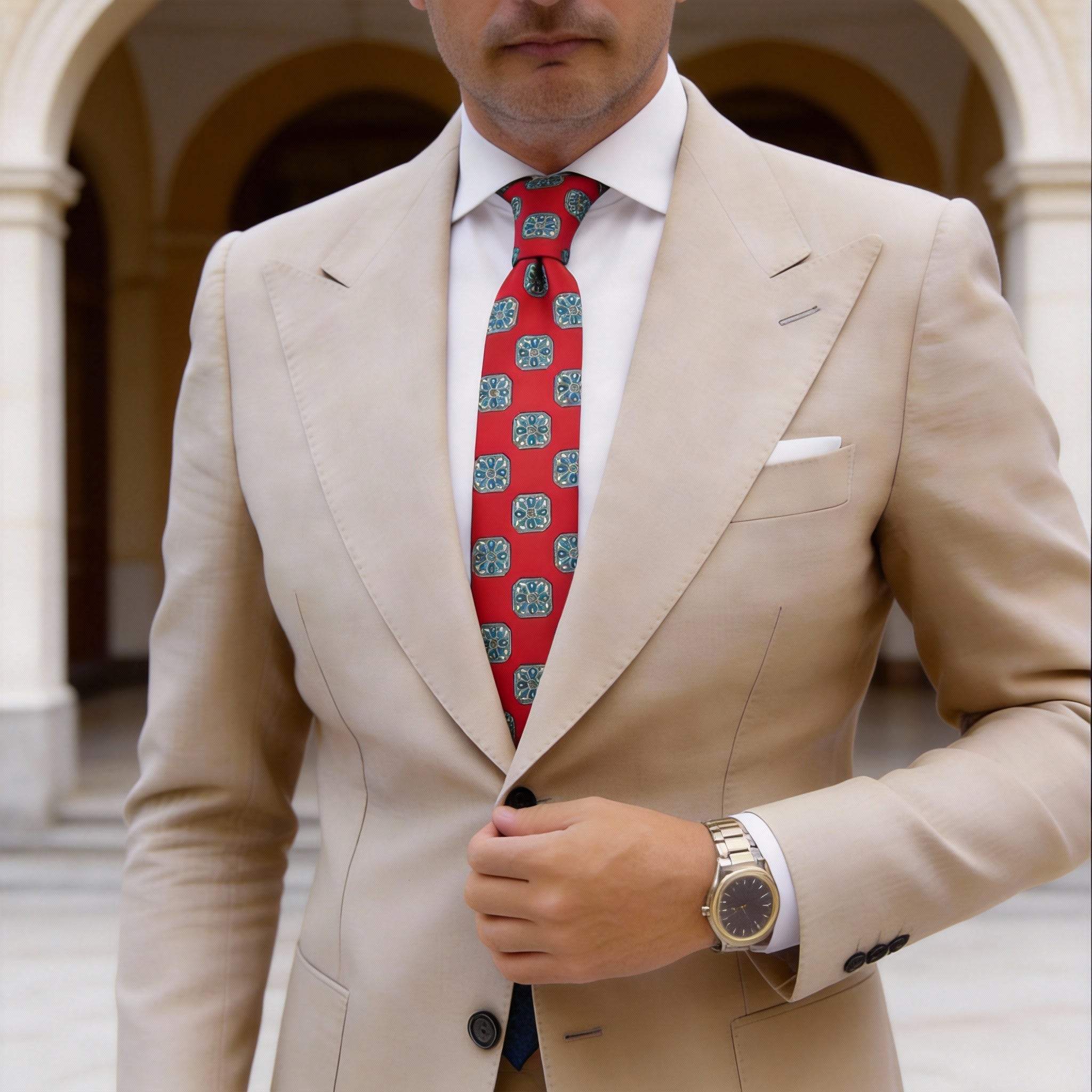 Red Necktie With Blue Yellow Square Patterns