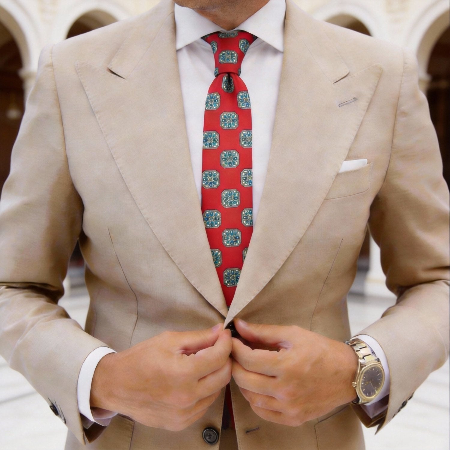 Red Necktie With Blue Yellow Square Patterns