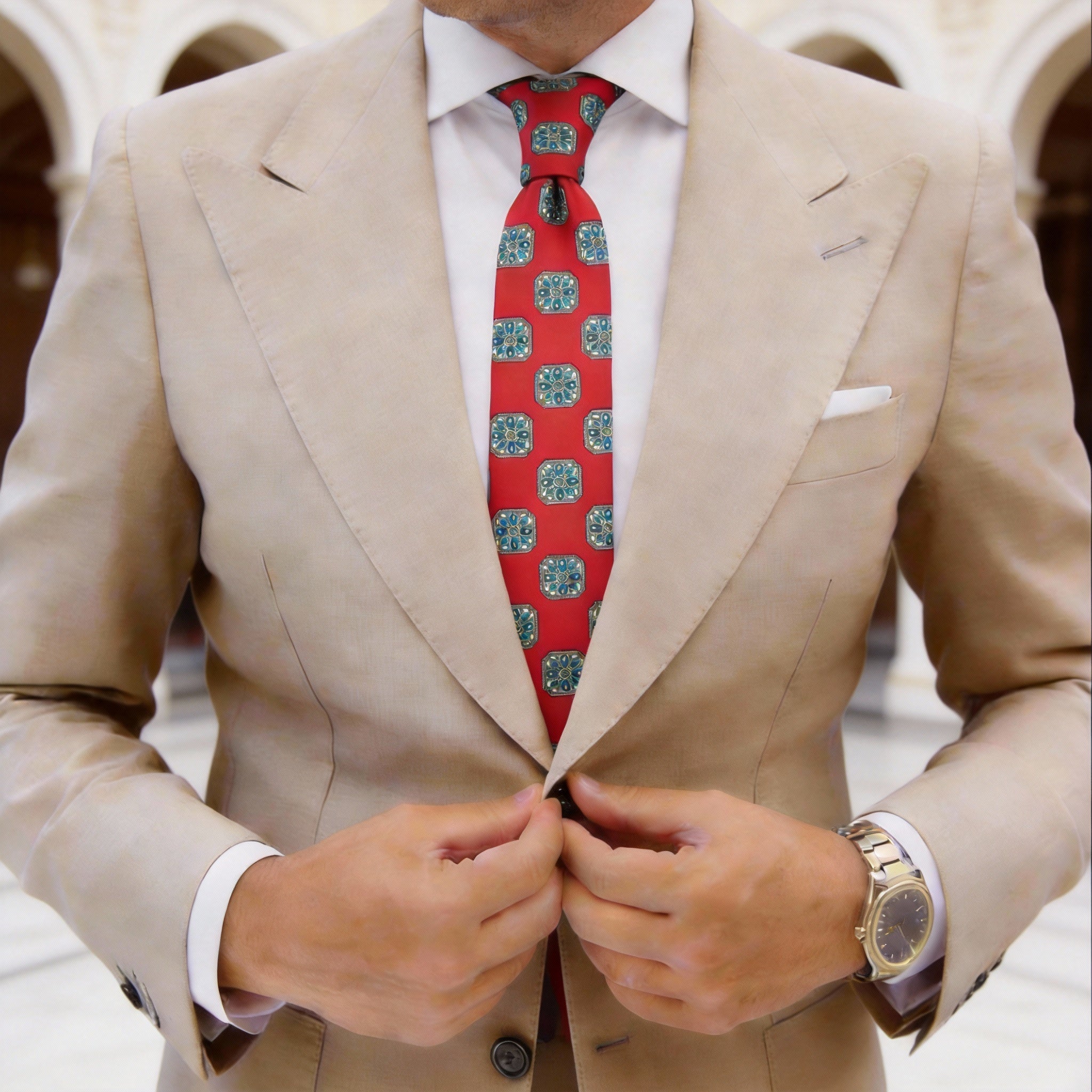 Red Necktie With Blue Yellow Square Patterns