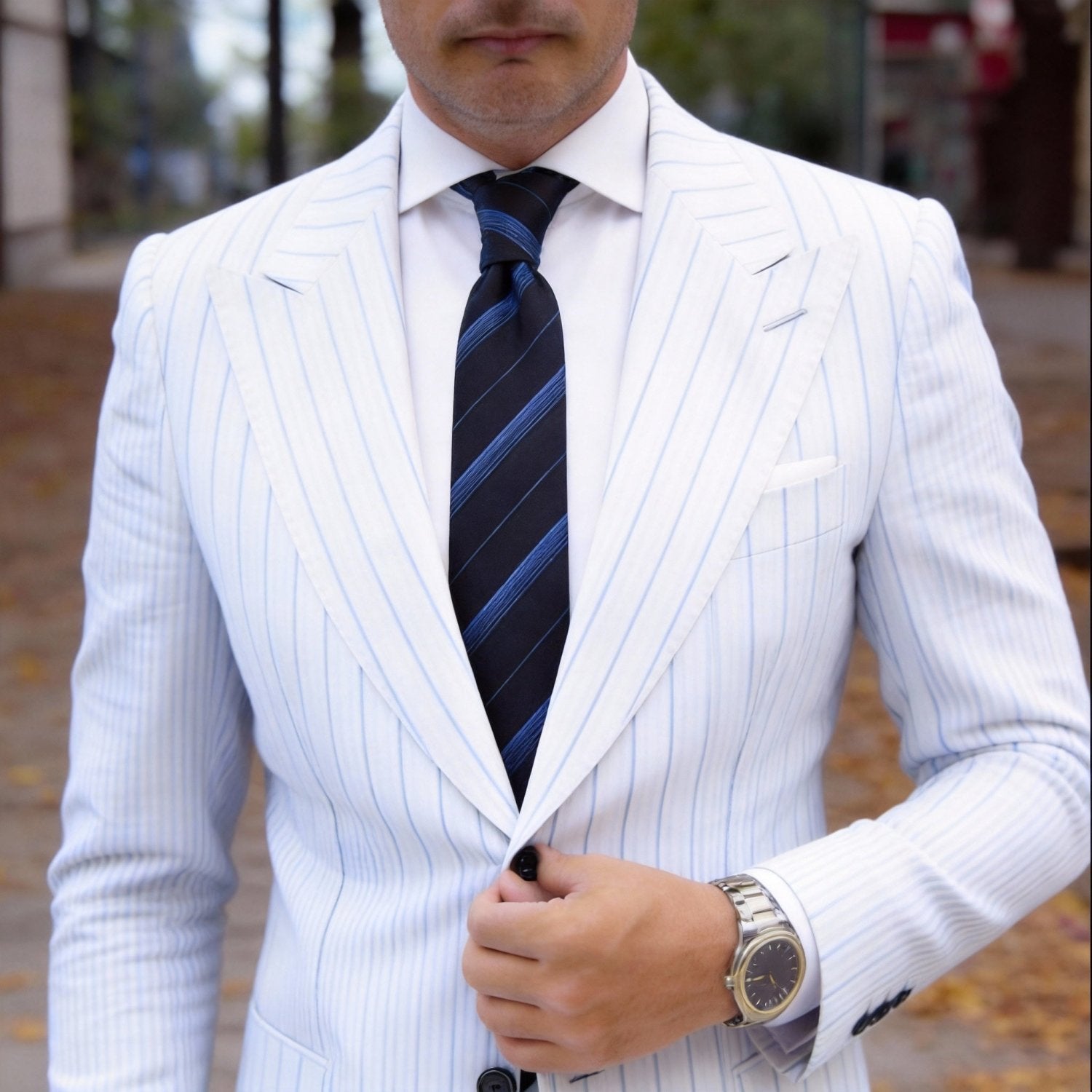 Dark Blue Necktie With White Stripes