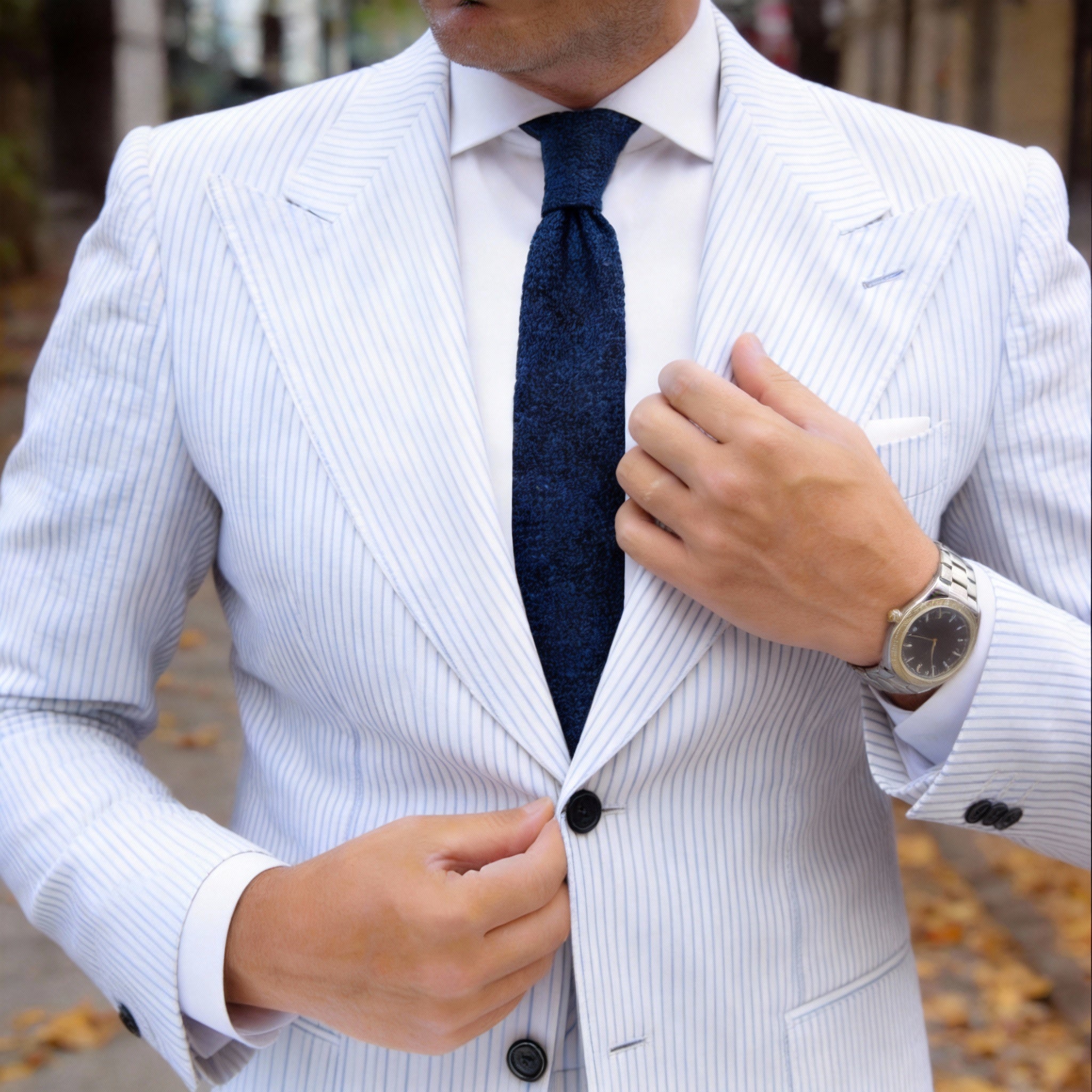 Dark Blue Necktie With White Stripes