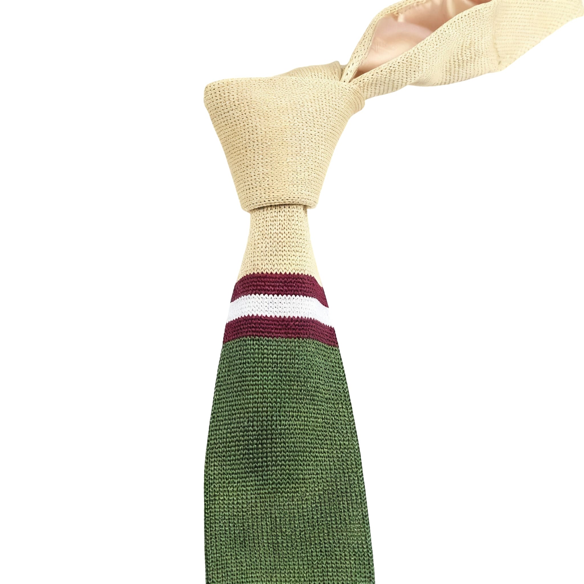 Beige Green Striped Knitted Tie