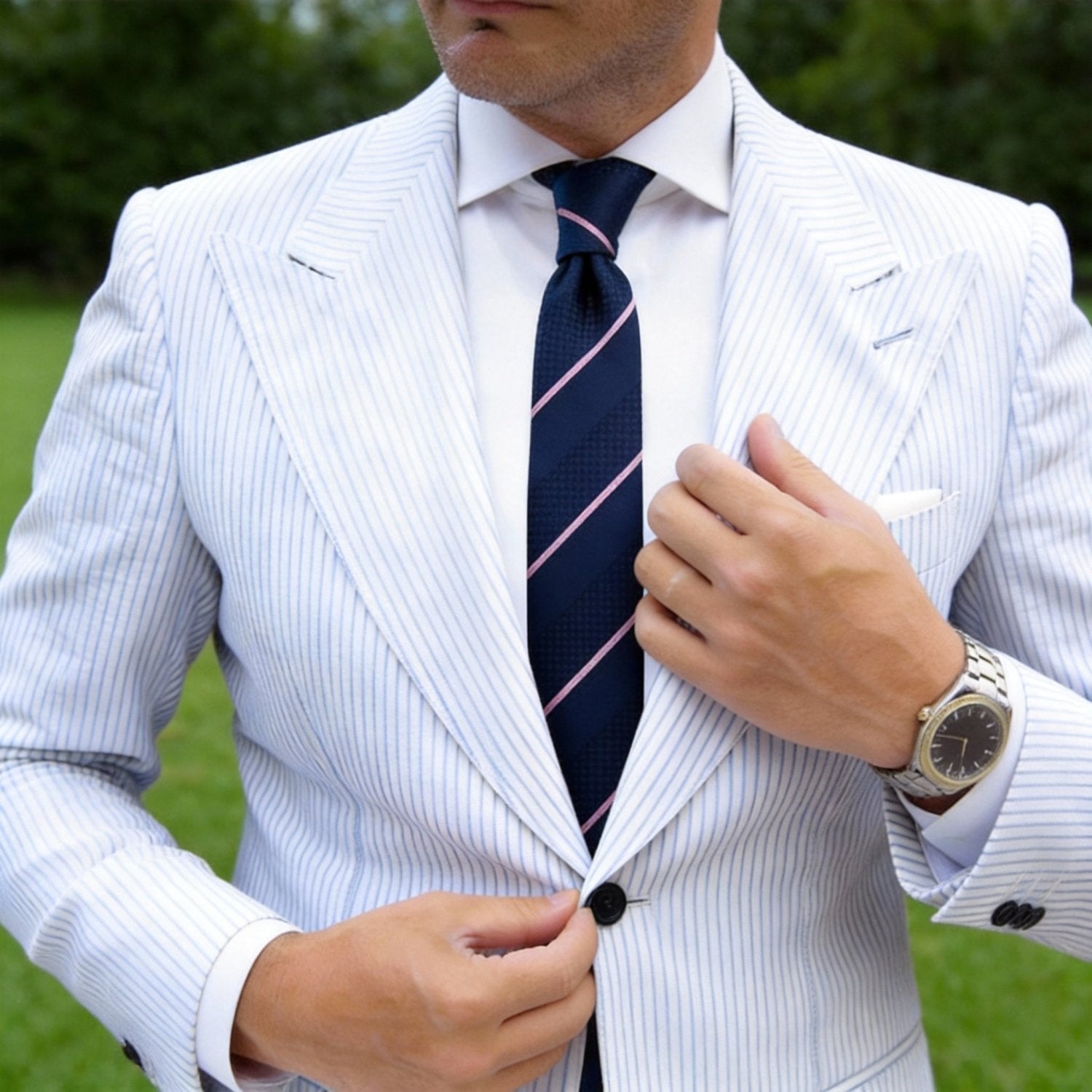 Navy Blue Necktie With Pink Stripes
