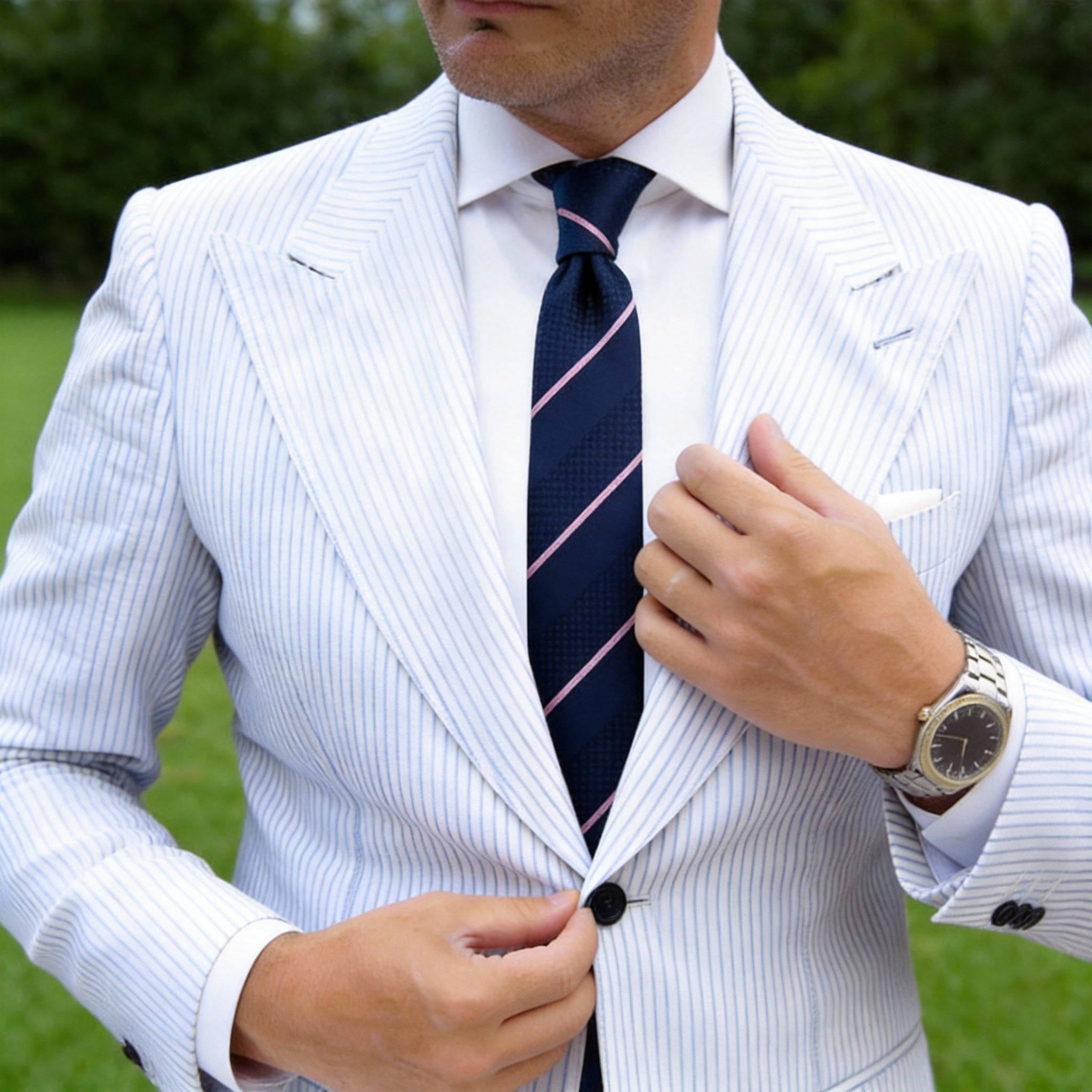 Navy Blue Necktie With Pink Stripes