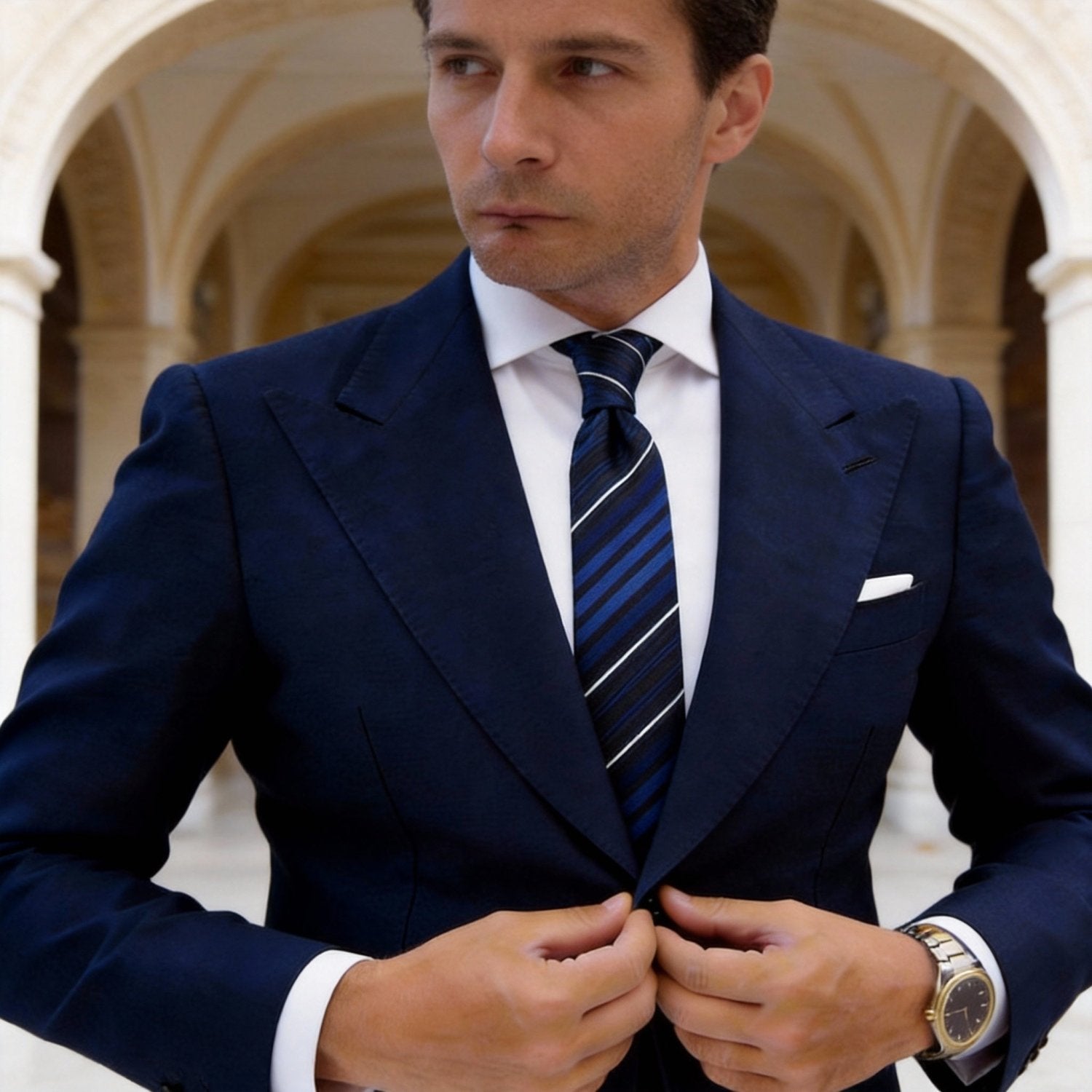 Black with Blue White Striped Necktie