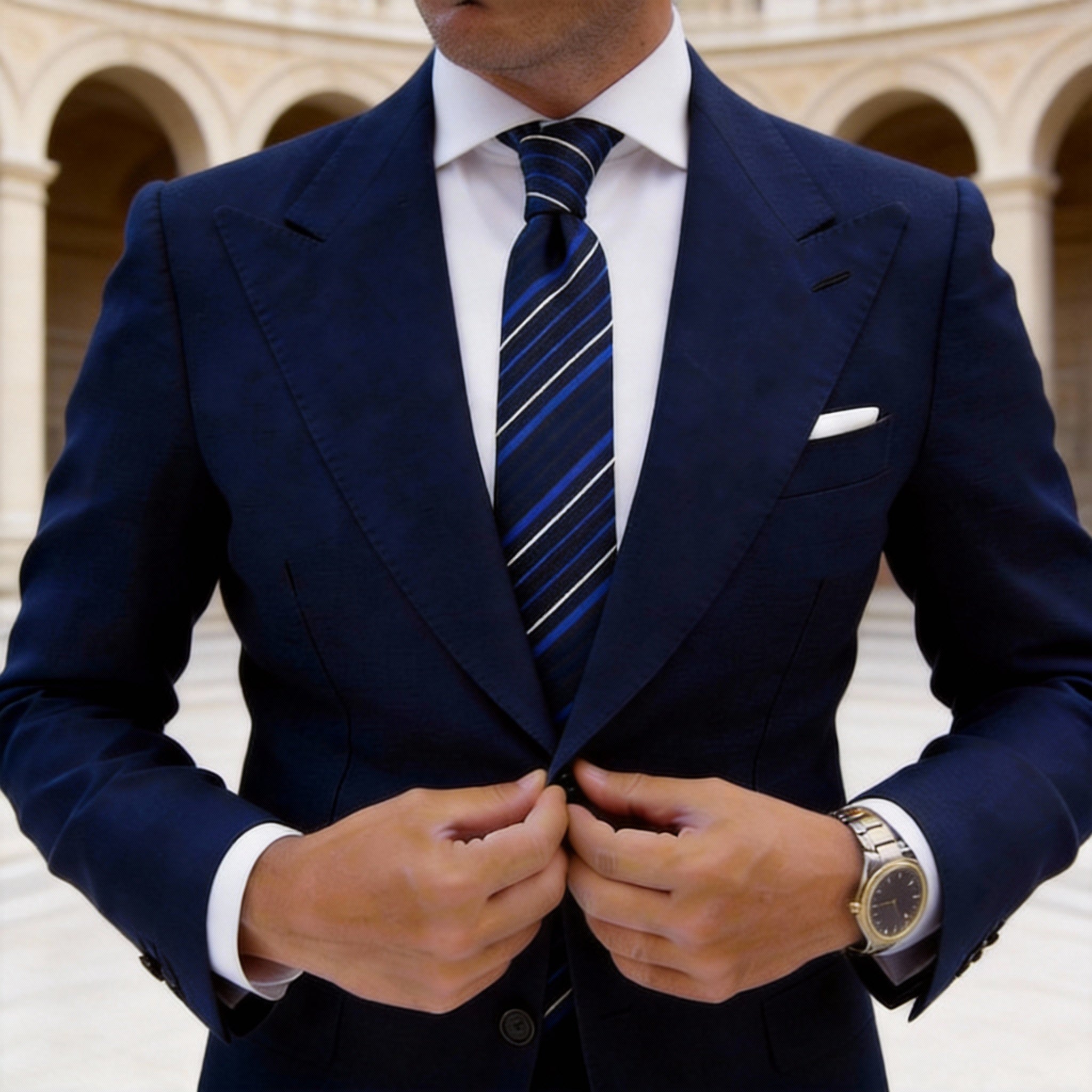 Dark Blue With Blue/White Diagonal Stripes Necktie