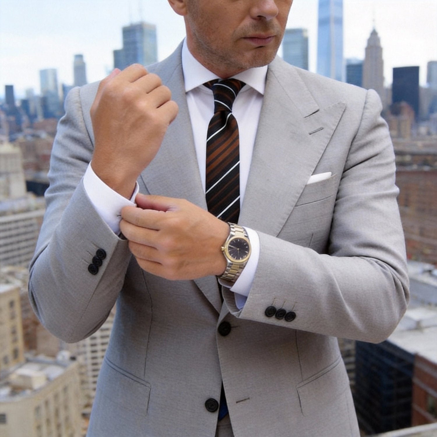 Black with Brown White Striped Necktie
