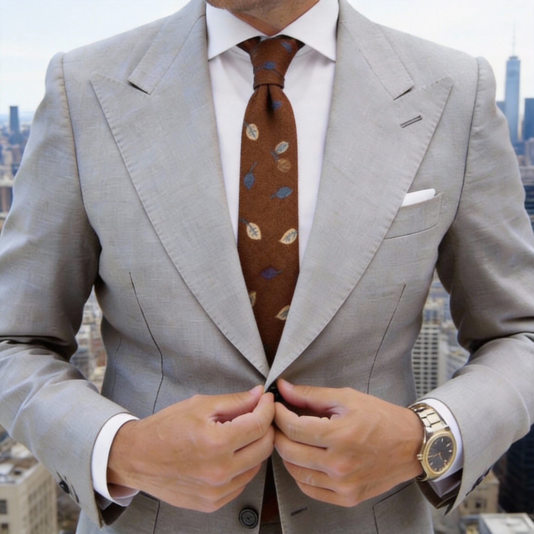 Brown With Blue Beige Leaf Necktie