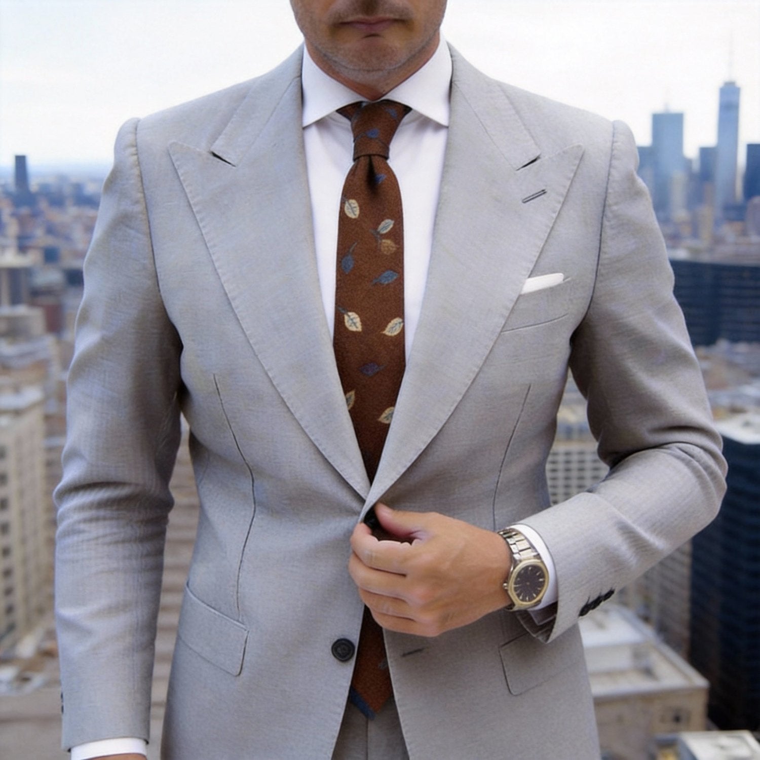 Brown With Blue Beige Leaf Necktie